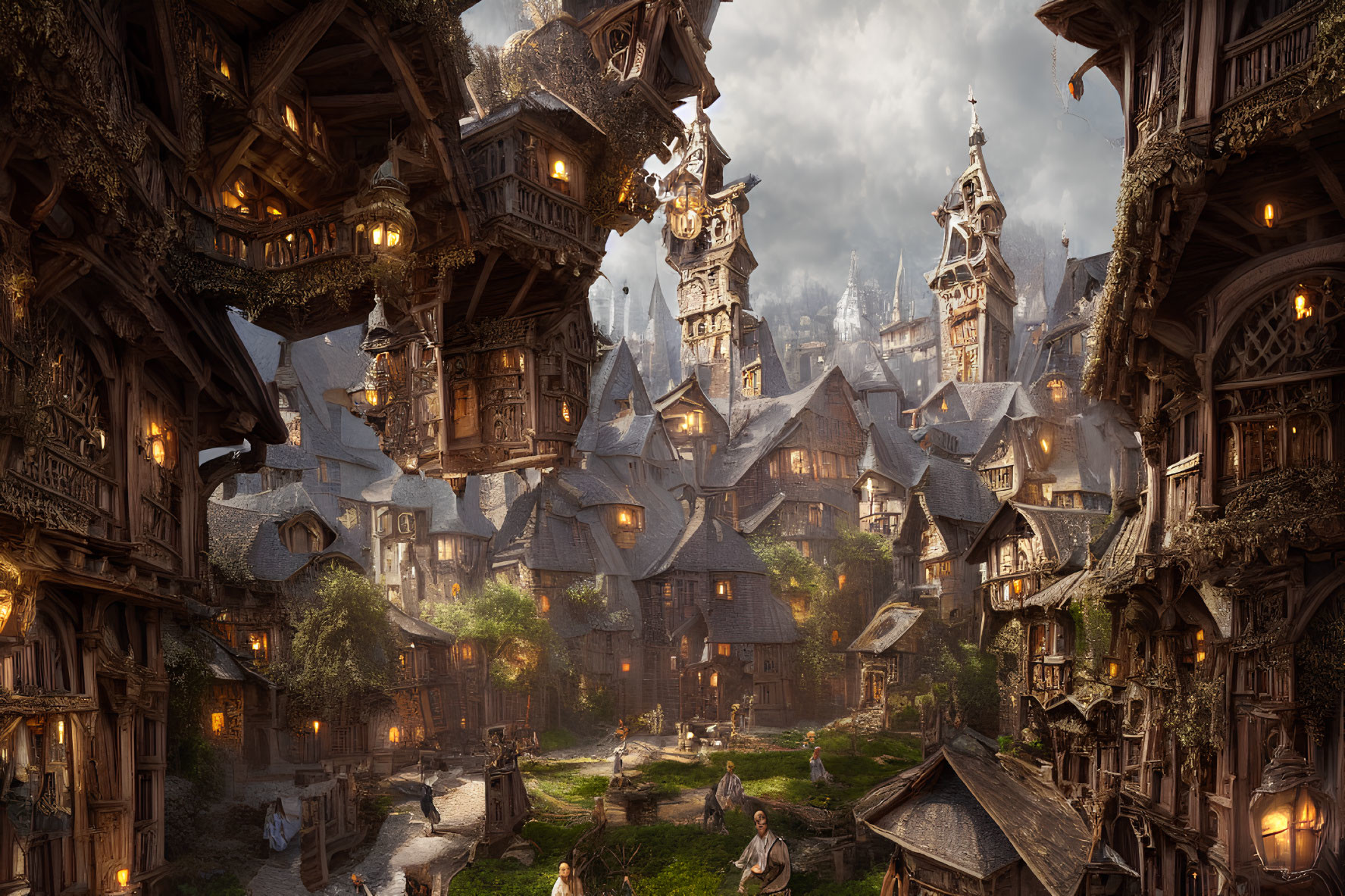 Medieval Fantasy Town with Ornate Wooden Buildings and Glowing Lanterns