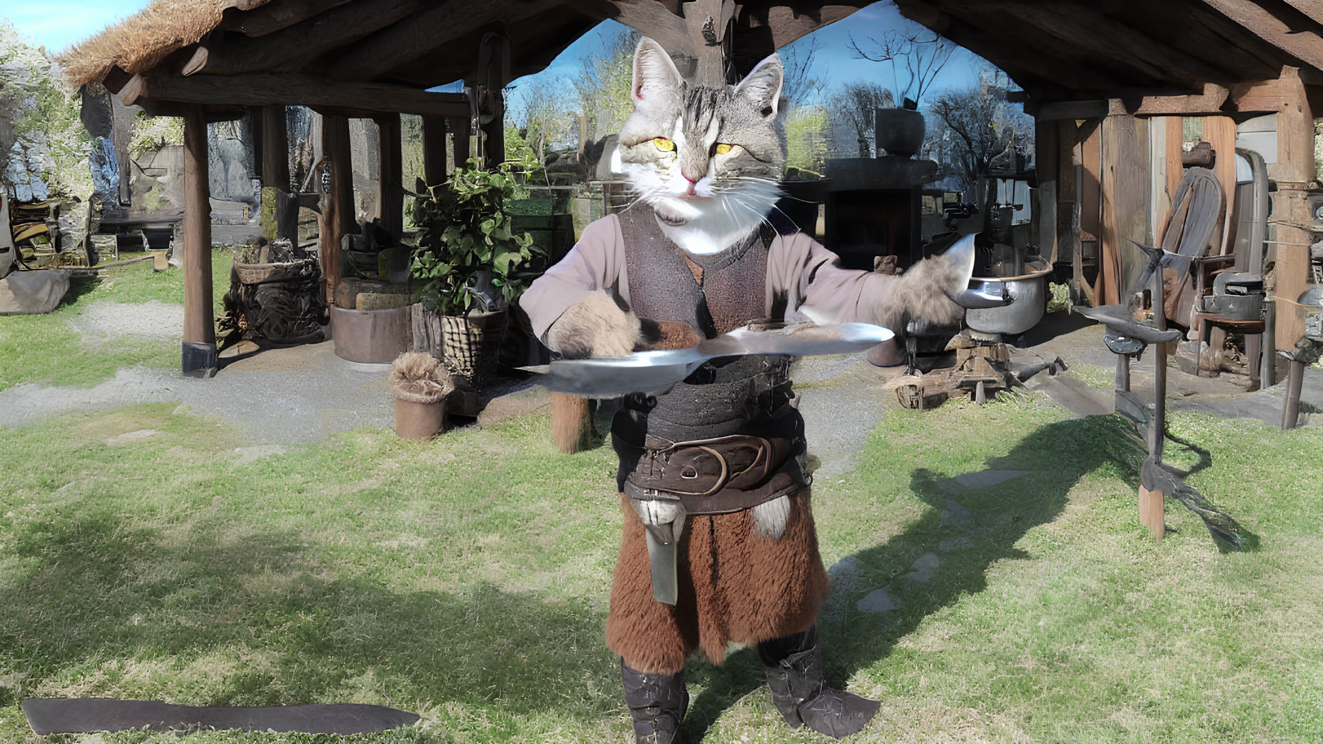 Cat with Humanoid Body as Blacksmith in Rustic Smithy Setting