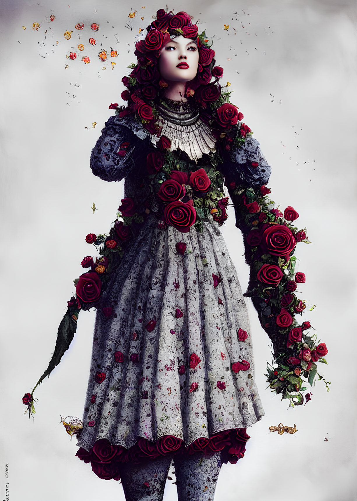 Woman in floral dress with roses and butterflies: Gothic fairy-tale vibe