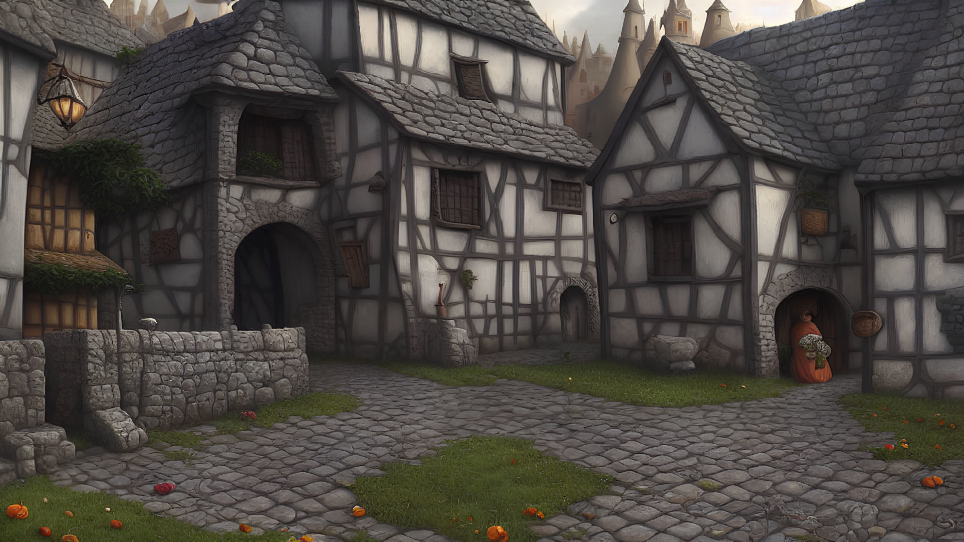 Medieval cobblestone street with half-timbered houses, pumpkins, and castle against