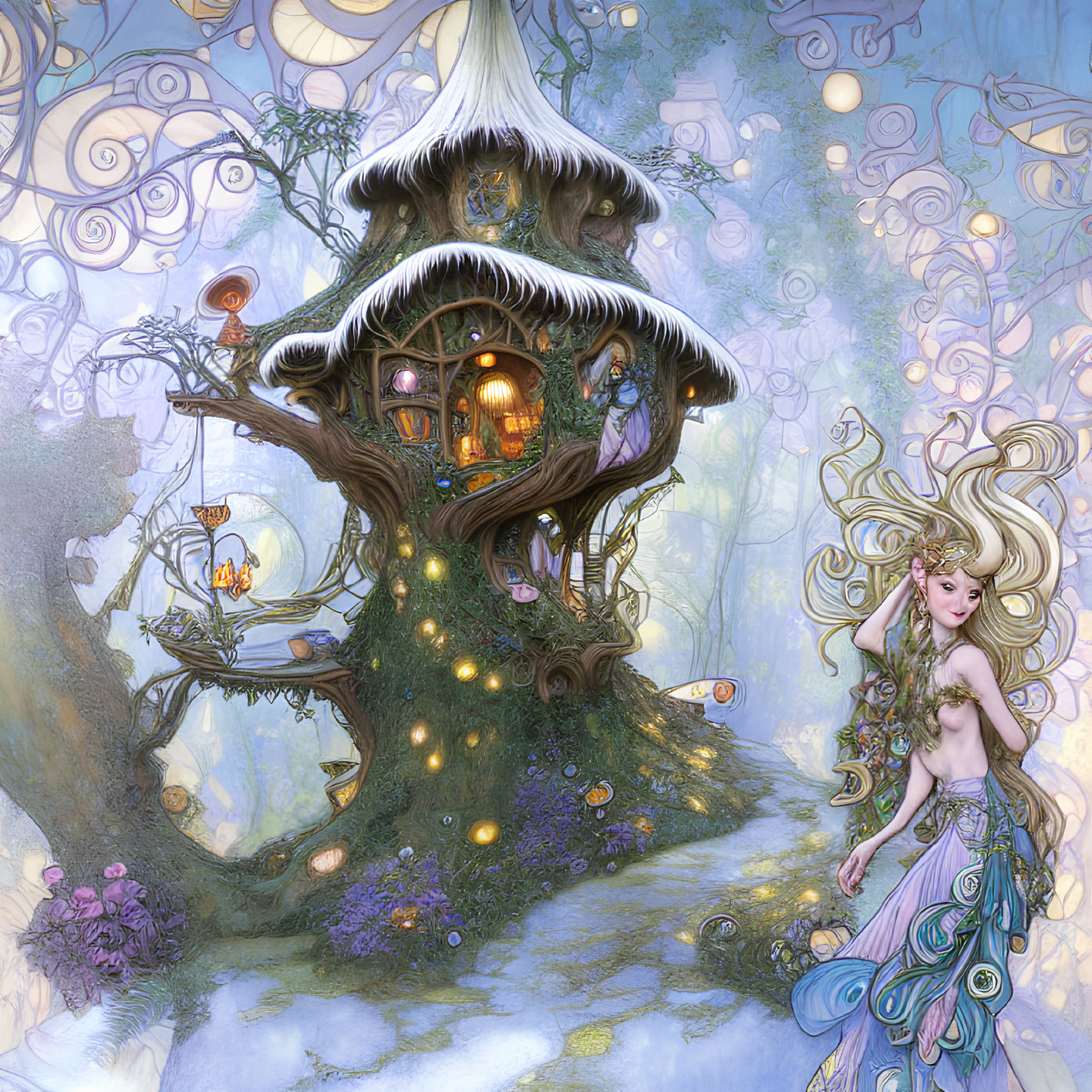 Enchanting female fairy with glowing treehouse in magical forest