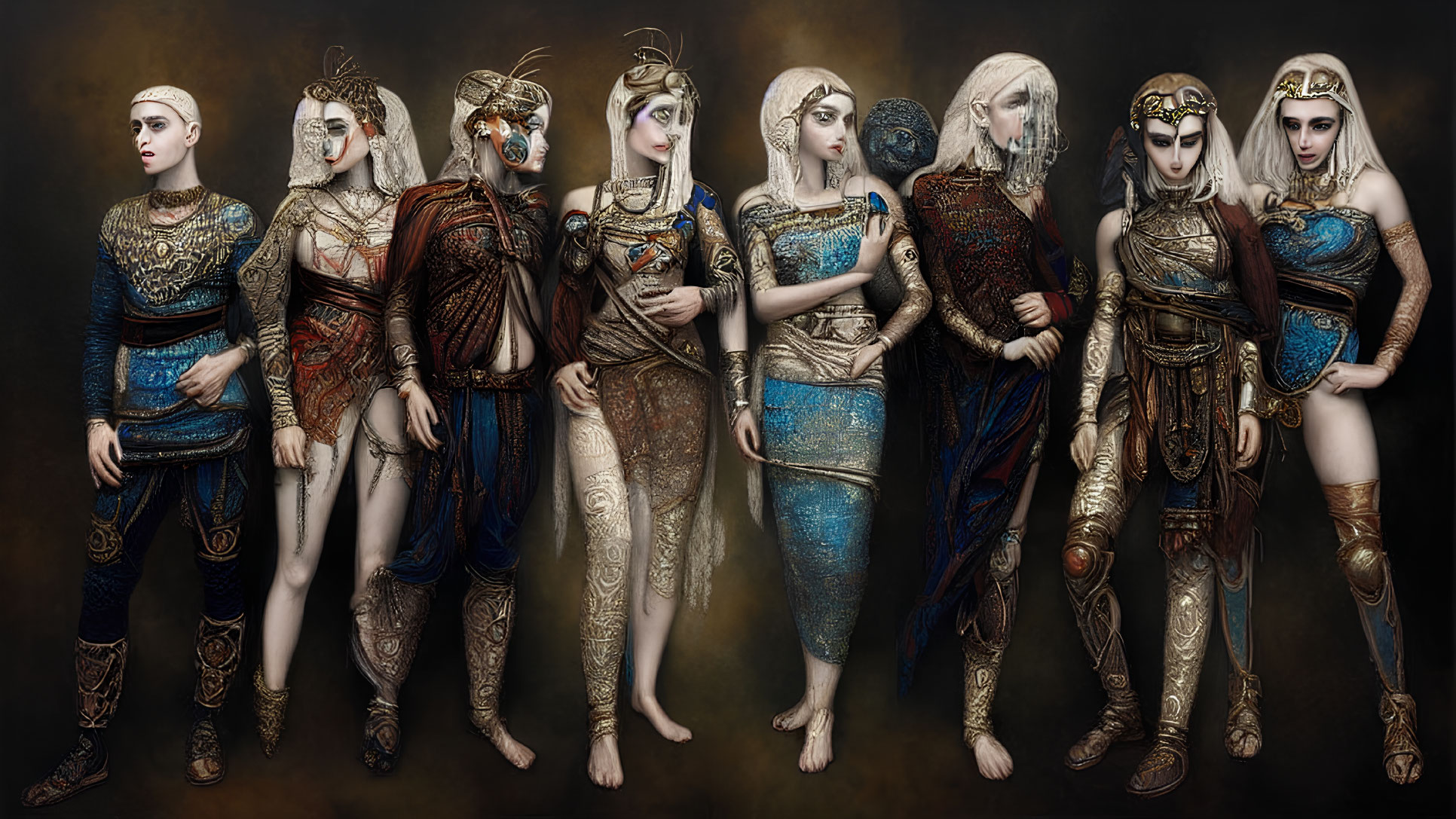 Eight Figures in Stylized Makeup and Fantasy Costumes Against Dark Background