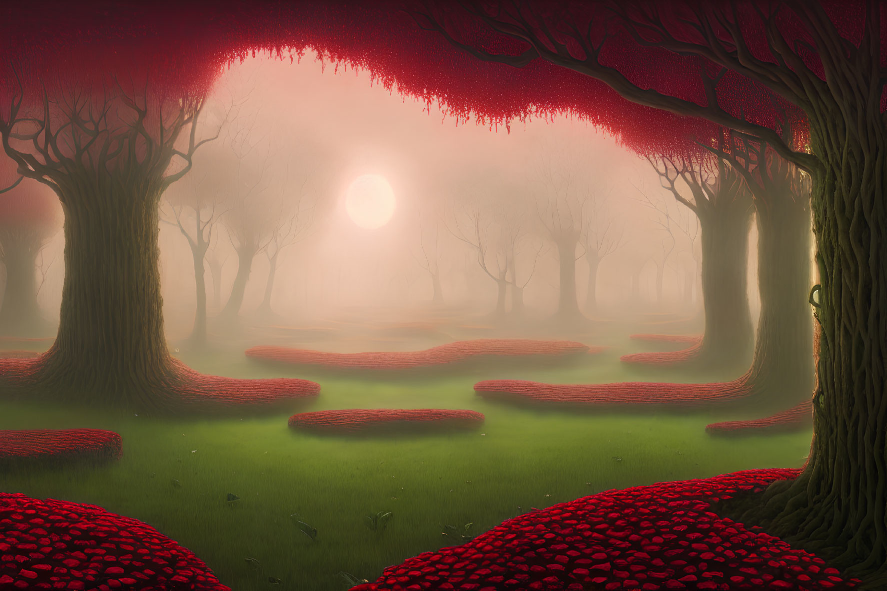 Mystical forest with red-canopied trees and glowing sun in foggy atmosphere