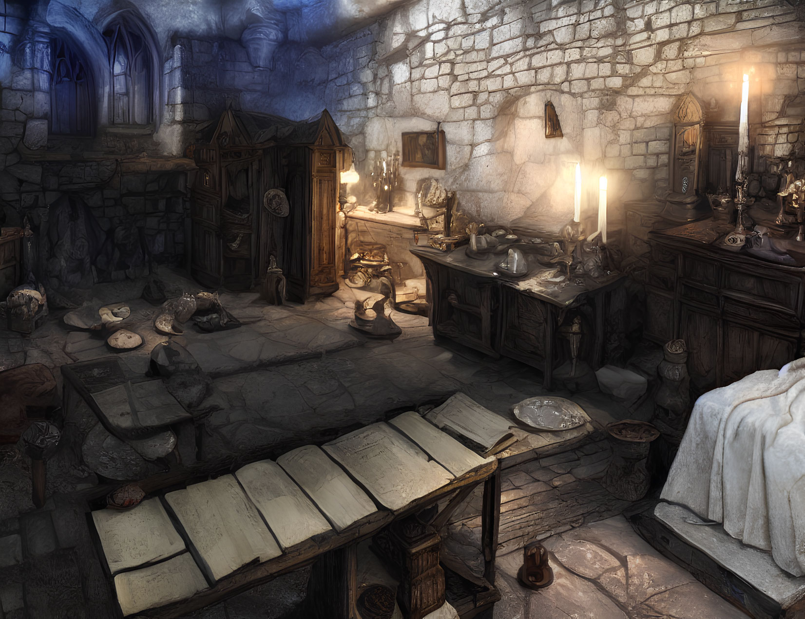 Medieval alchemist's study with candles, stone walls, wooden furniture, artifacts, books, and