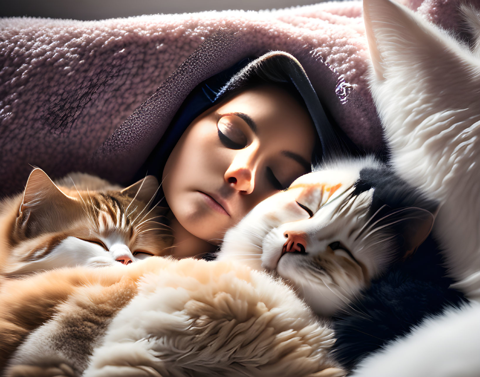 Person in hood cuddles with two cats under pink blanket in soft light