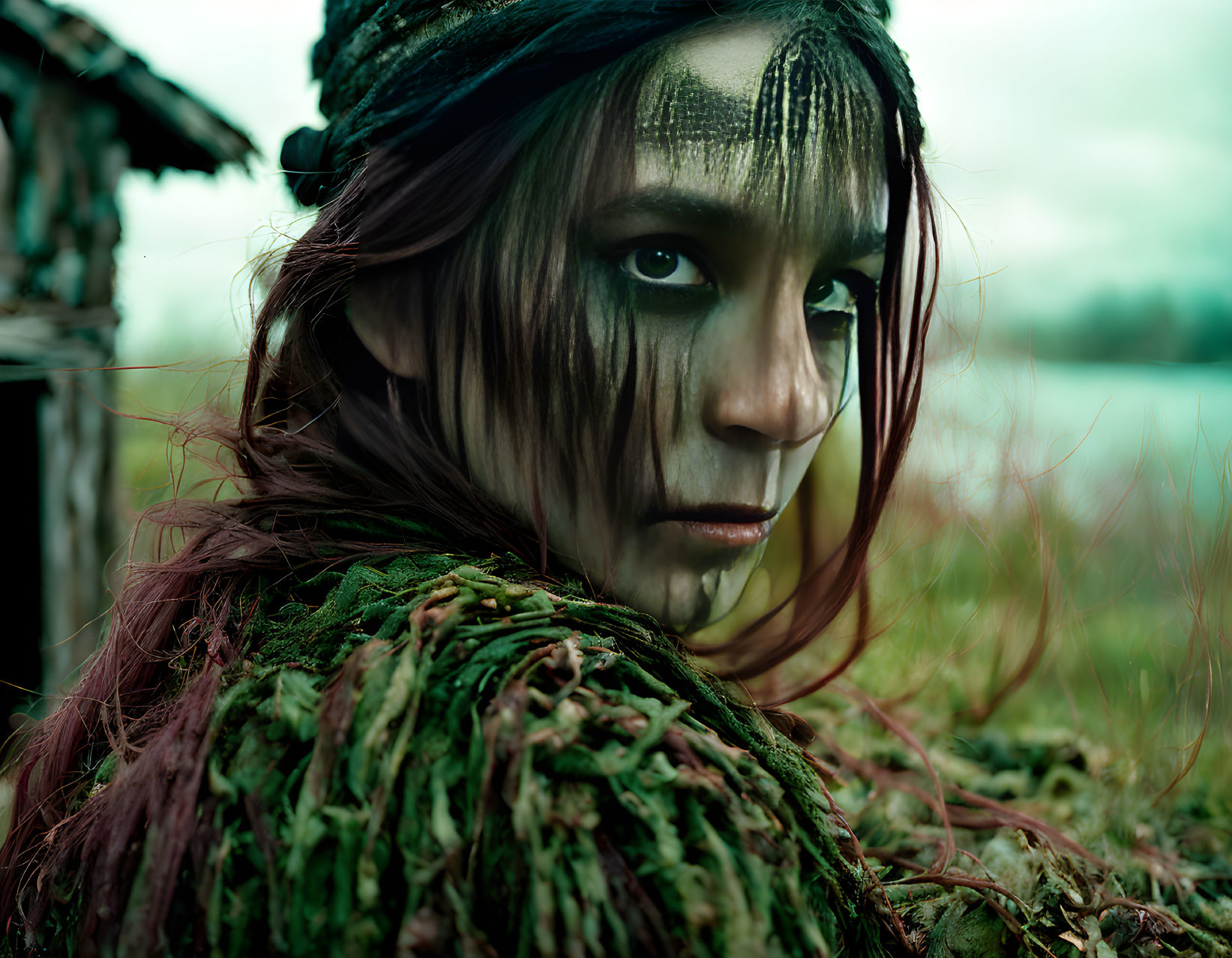 Striking green eye makeup on a person in textured garment with eerie landscape.