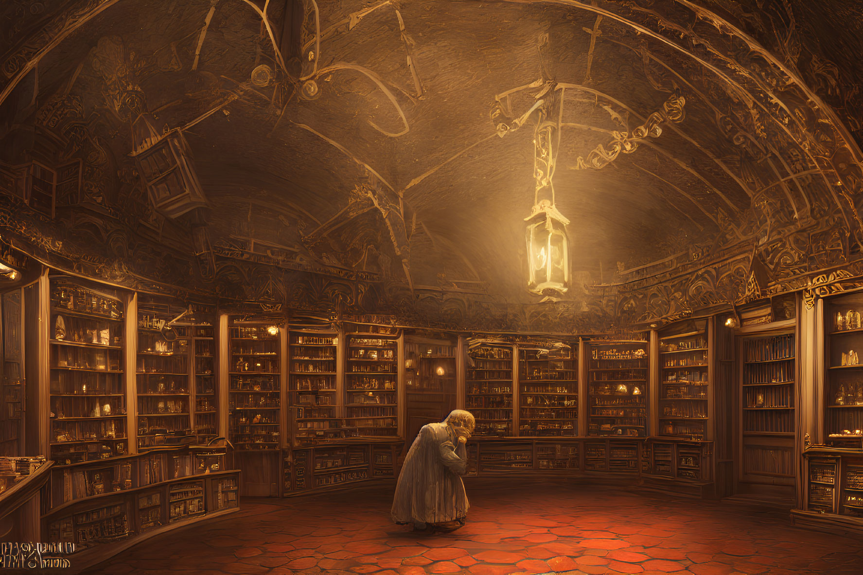 Cozy library with domed ceiling, warm lighting, and bookshelves, person standing in embrace