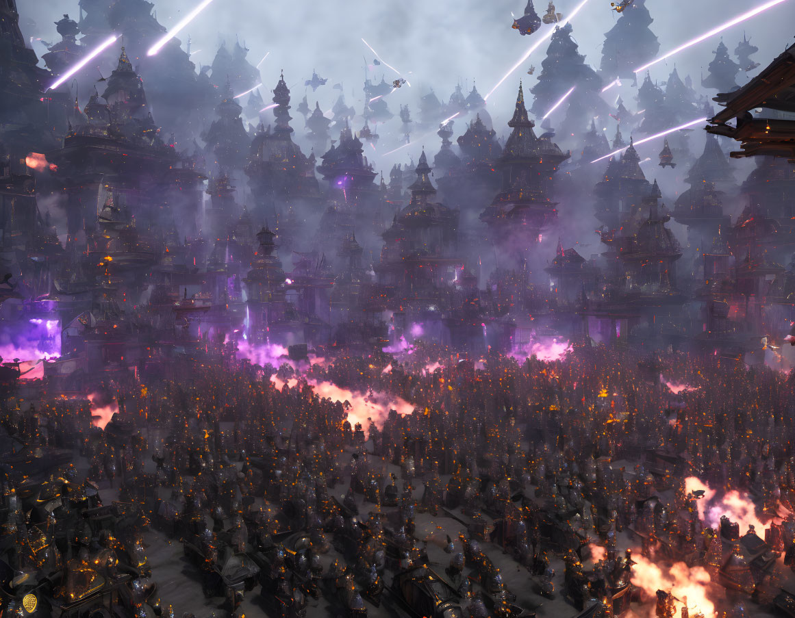 Medieval Asian-inspired battle with large armies and mystical purple energy