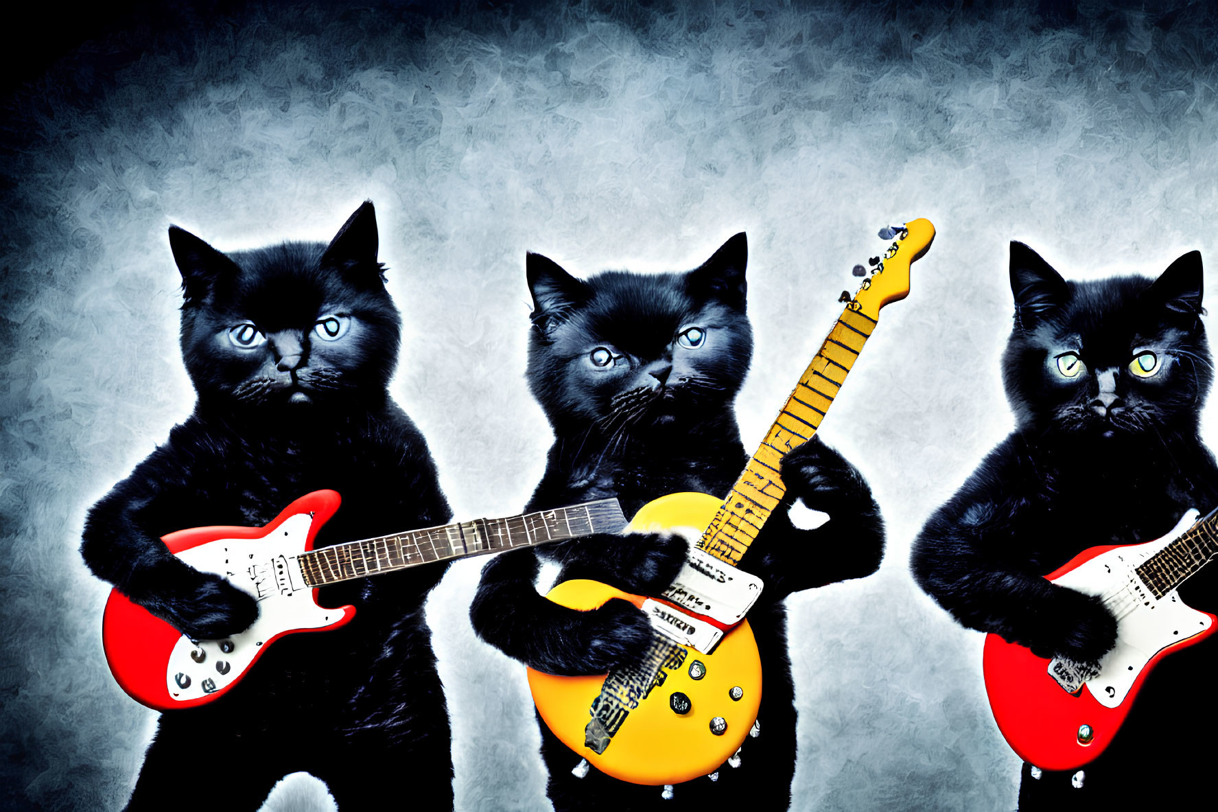 Three black cats with blue eyes playing electric guitars on grey backdrop