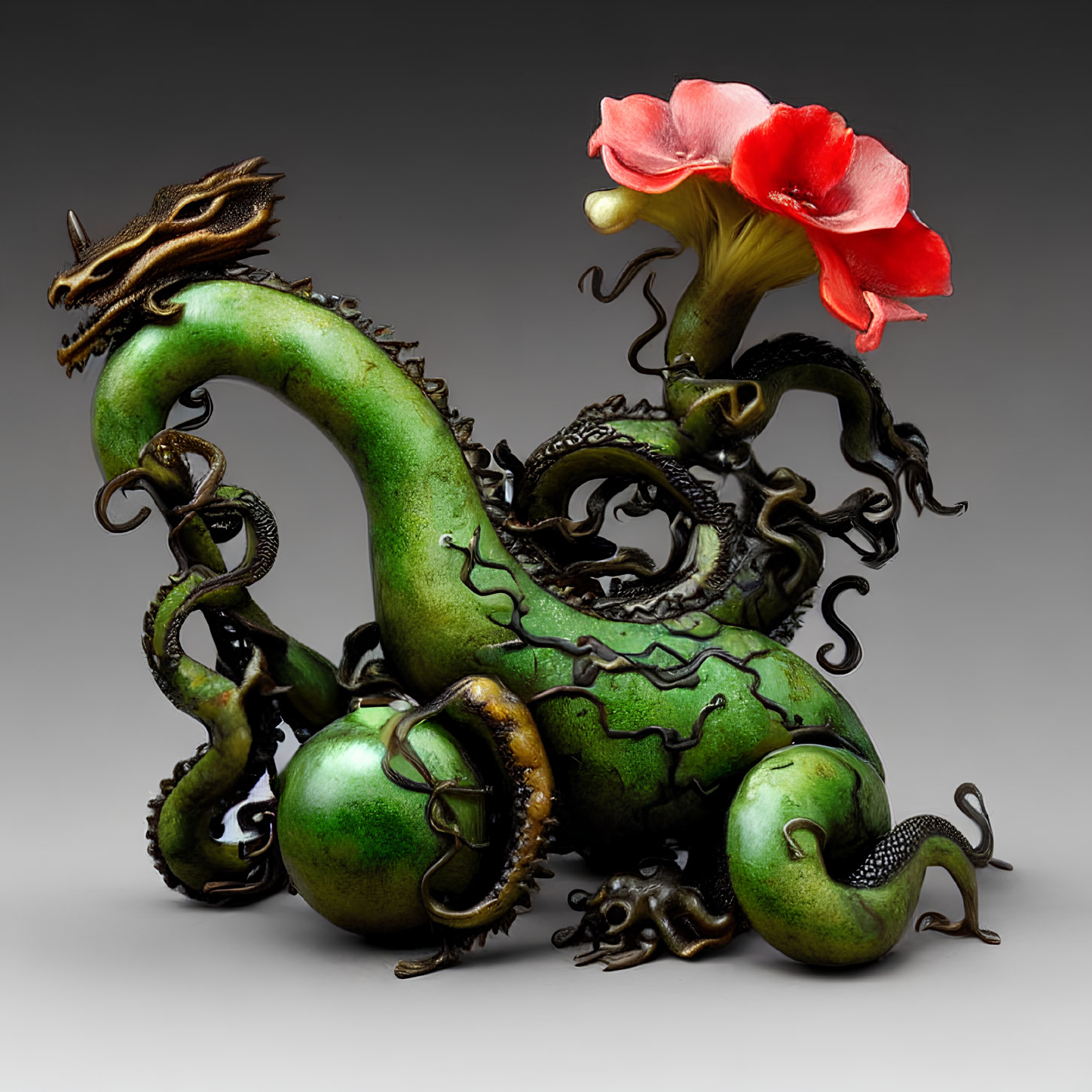 Intricate Green Dragon Sculpture with Red Flower on Grey Background