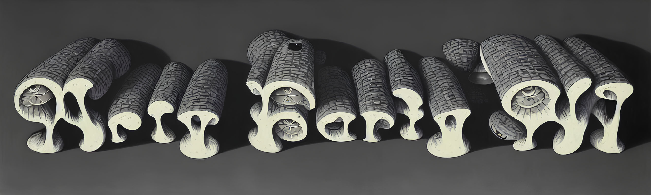 Sculptural "Earth" letters with tire tread textures on gray background