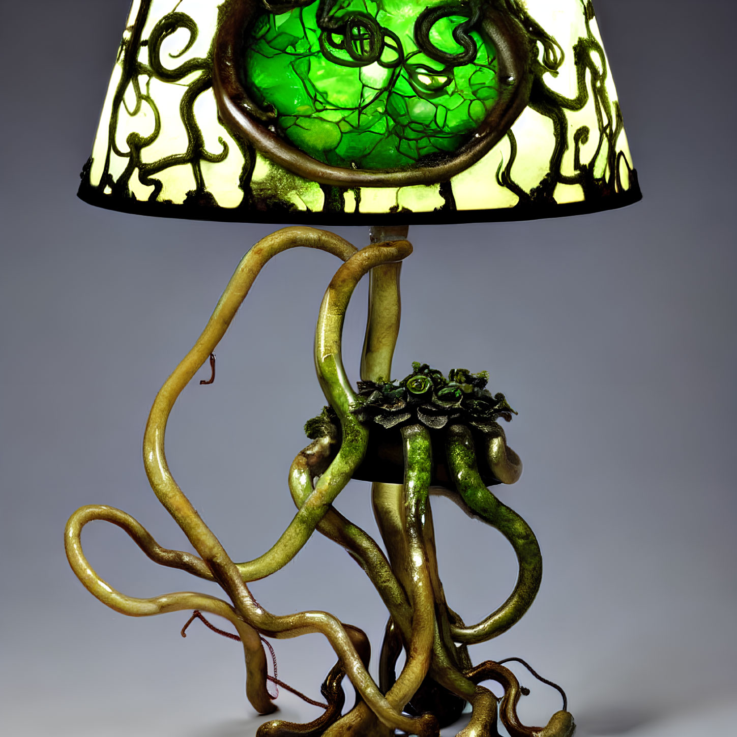 Green Stained-Glass Tiffany Lamp with Vine Patterns on Bronze Base