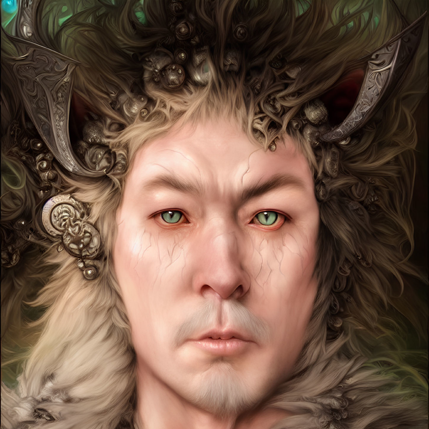 Fantastical image: Person with feline features, green eyes, ornate crown.