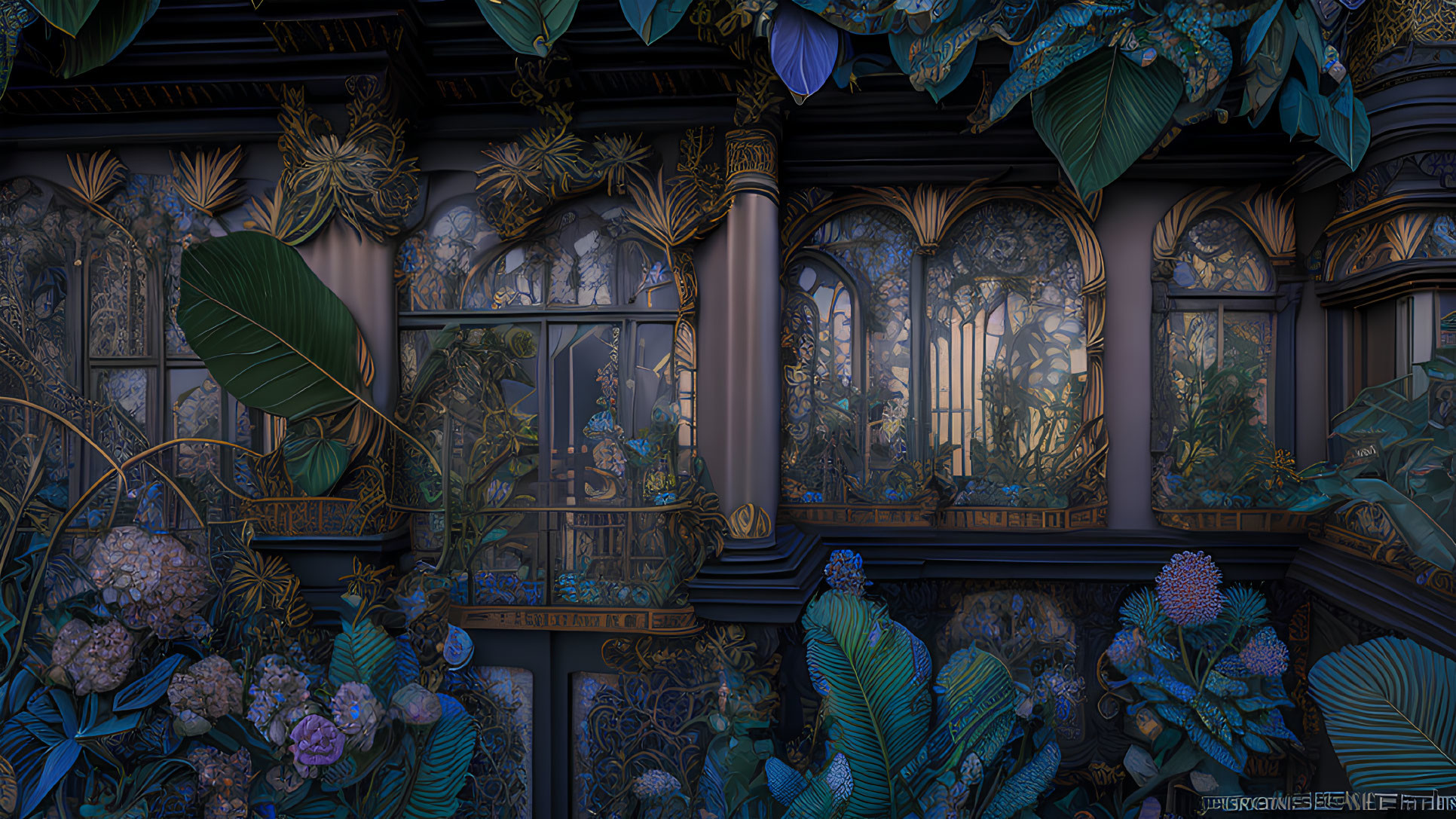 Victorian conservatory with lush foliage and intricate metalwork at twilight