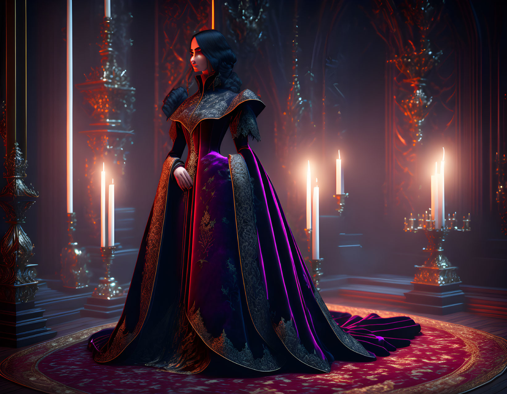 Elegant animated woman in dark gown in luxurious candle-lit room