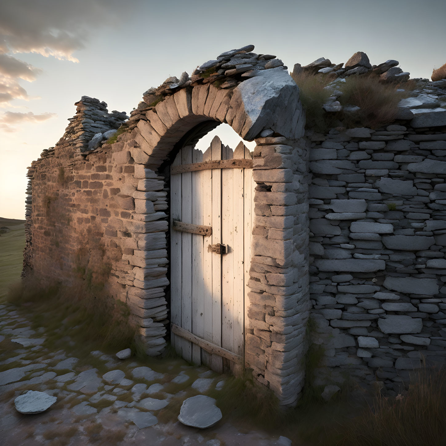 Weathered stone wall with wooden door under warm sunlight