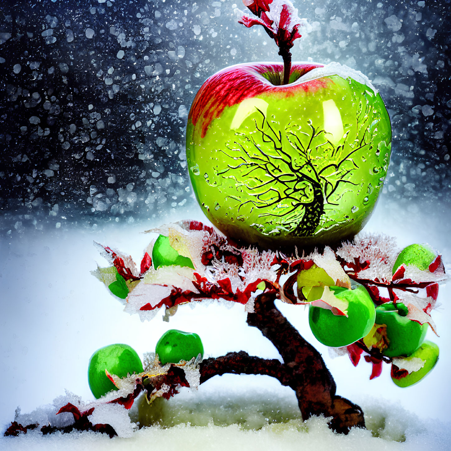 Green Apple with Tree Design on Snowy Branch and Falling Snowflakes