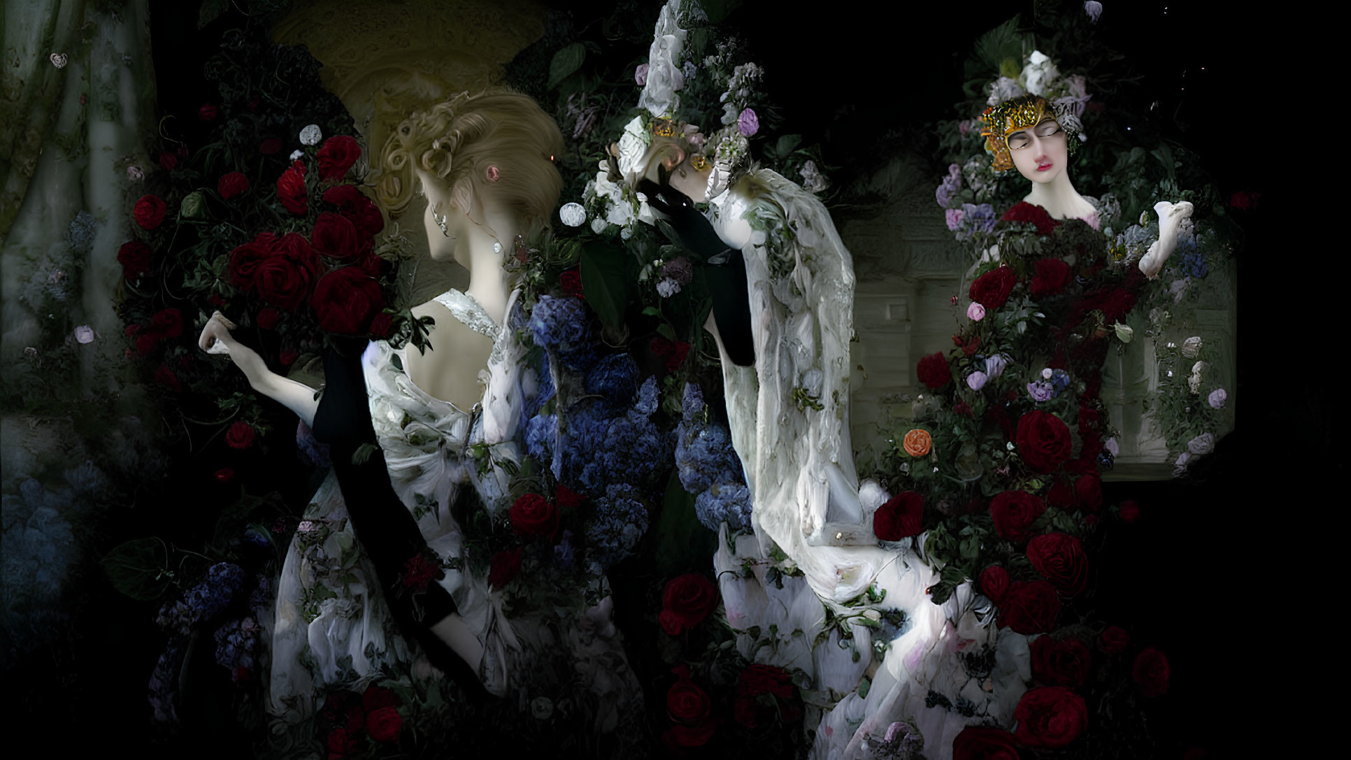 Ethereal women with flowers in dark floral setting