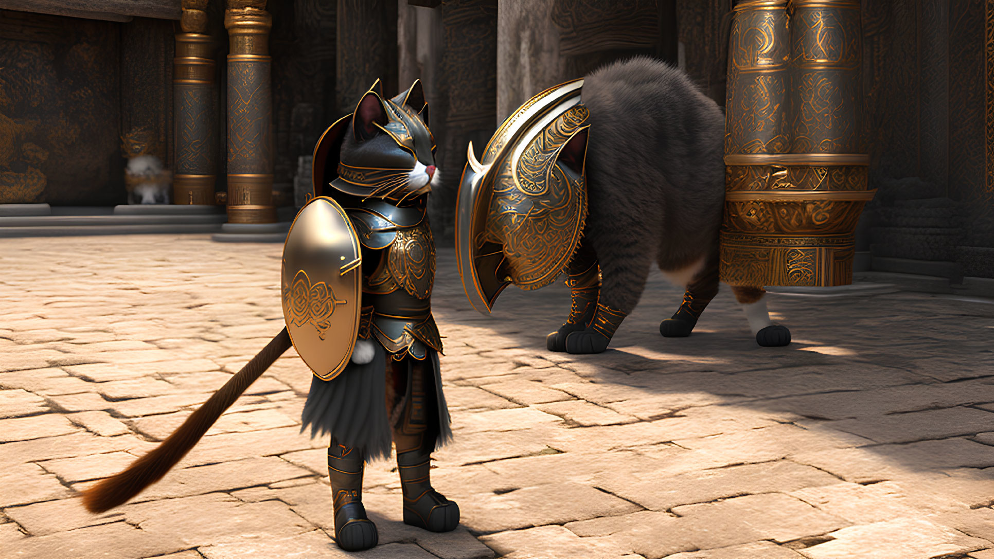 Ornate armored cat in grand hall with observing feline