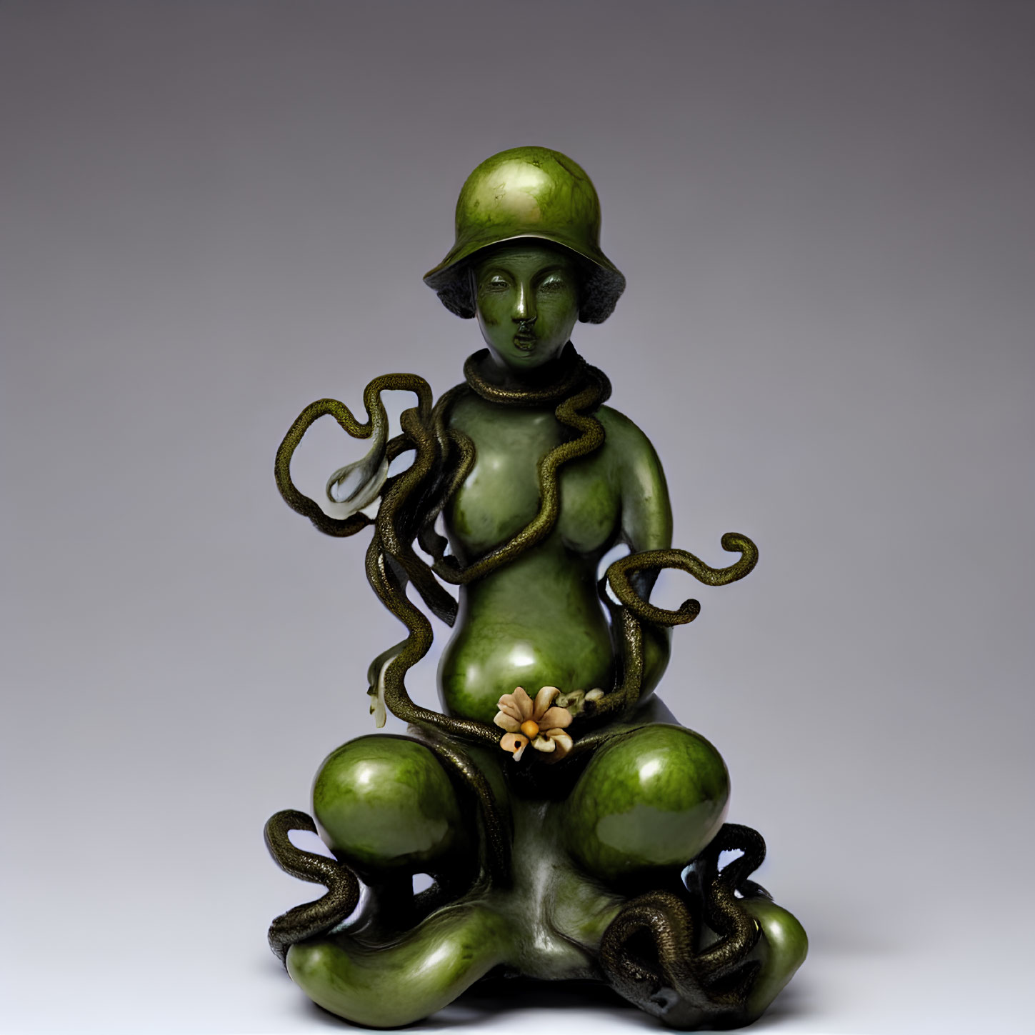 Green-skinned female entity figurine with serpent-adorned helmet on vine base