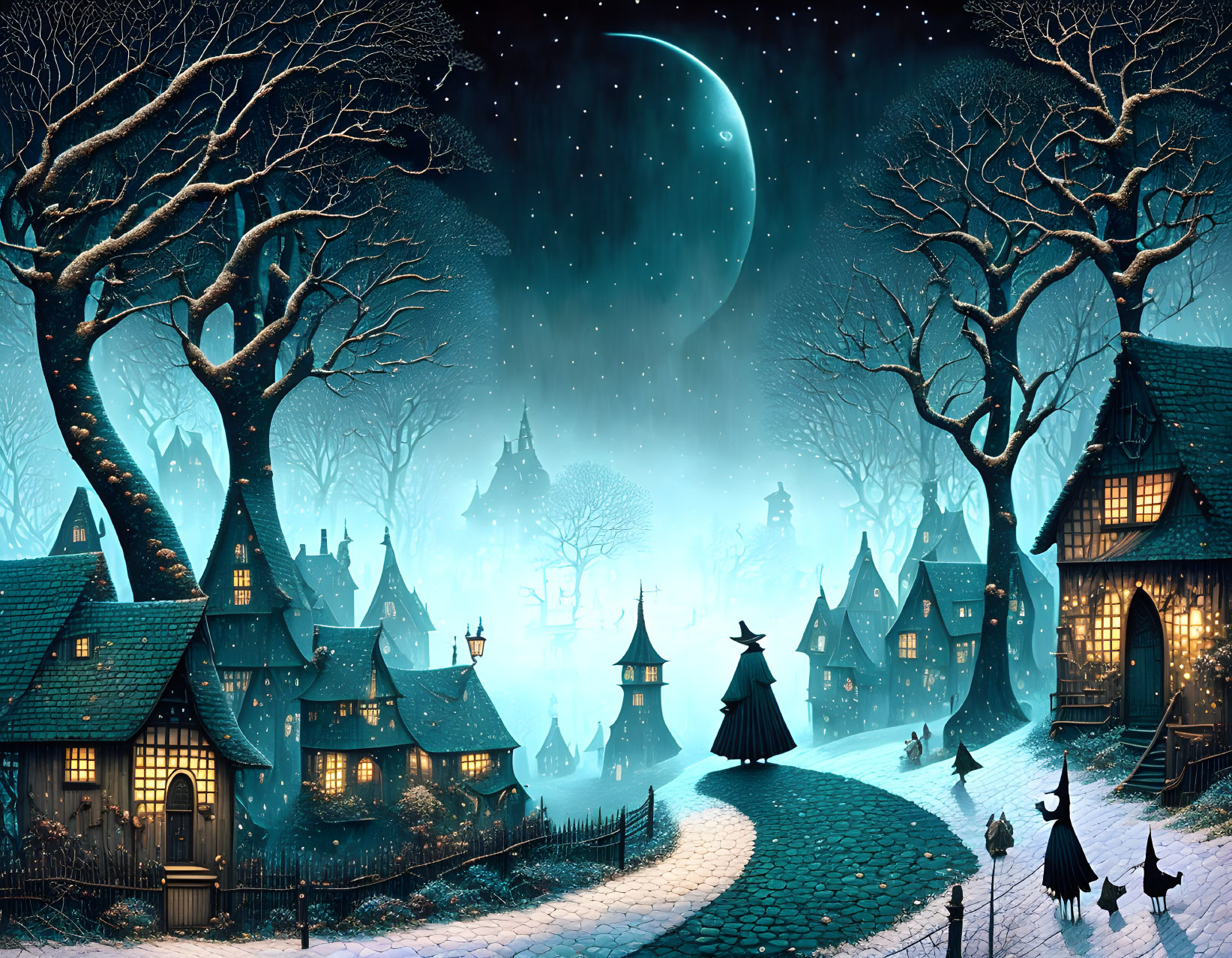 Snow-covered village scene with crescent moon and cloaked figures at night