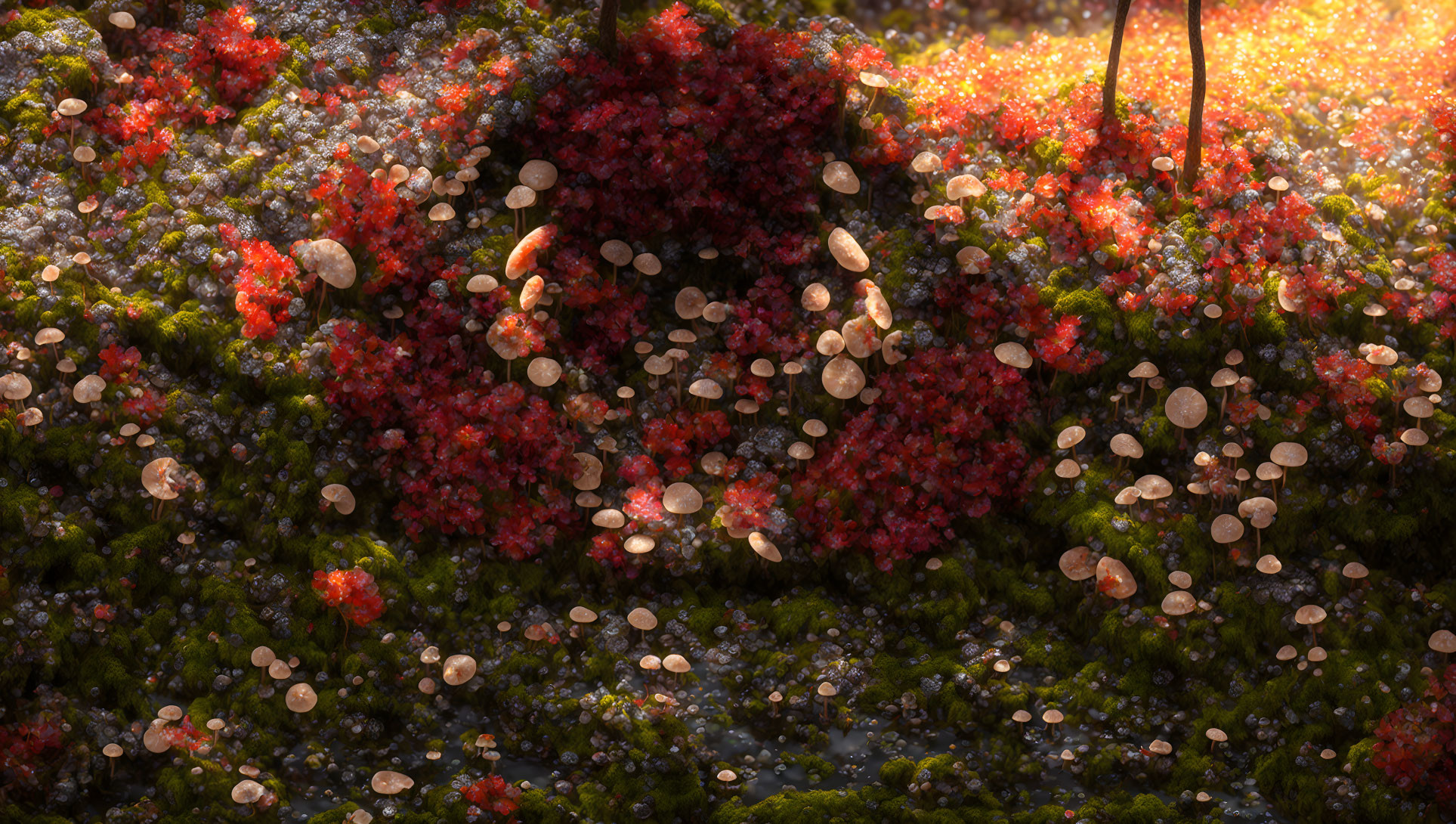 Rich Red Flowers, White Mushrooms, and Verdant Moss in Lush Forest