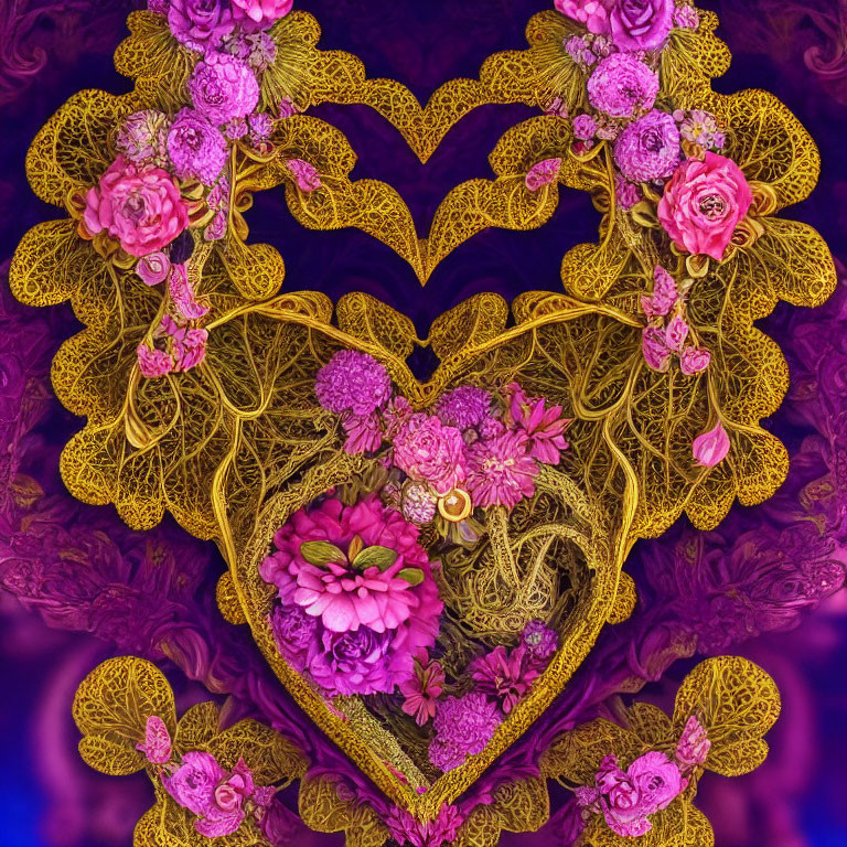 Symmetrical, colorful artwork with golden patterns and heart-shaped flowers on dark background