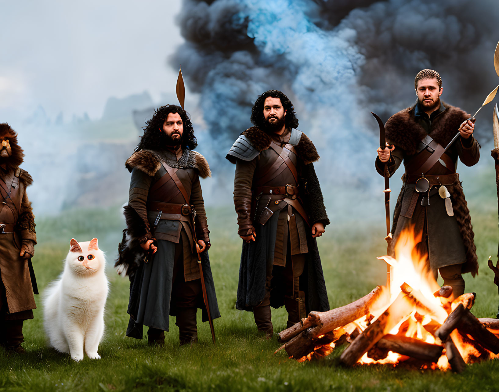 Medieval warriors with white cat by fire and hills