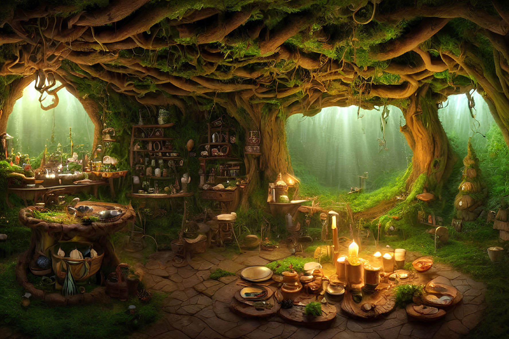 Enchanting forest interior with cozy tree dwelling and magical decor