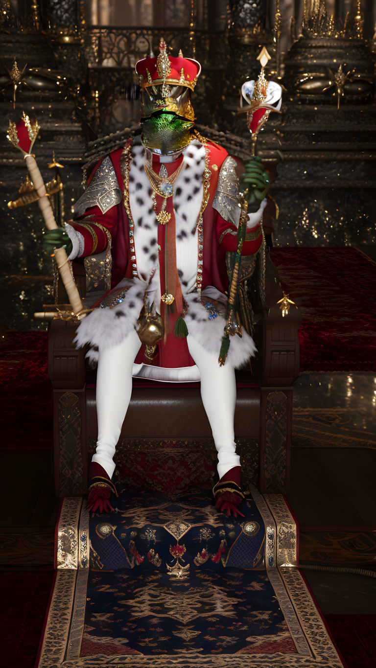 Regal Figure in Opulent Robes on Throne with Crown and Scepter