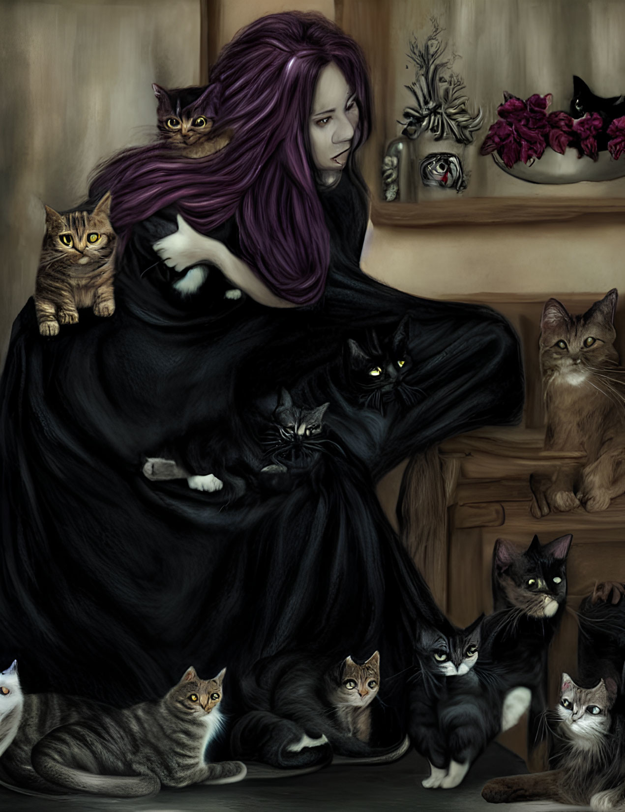 Purple-haired woman in black dress with multiple cats on dark background