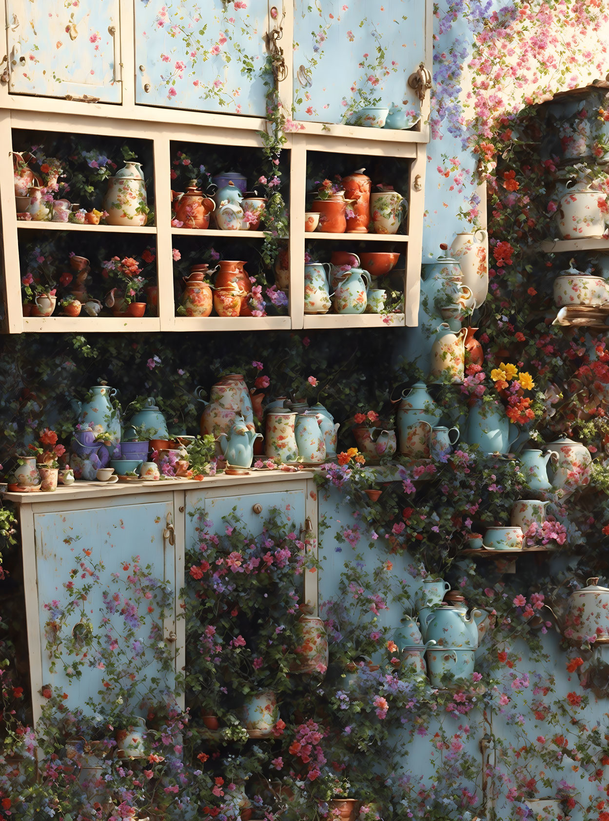 Vintage Floral-Patterned Cabinet with Colorful Teapots and Cups