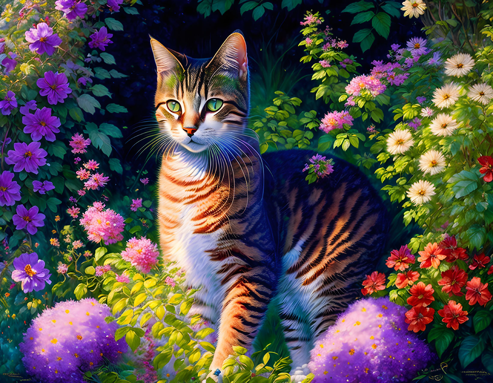 Tabby Cat Among Colorful Flowers in Radiant Garden Setting