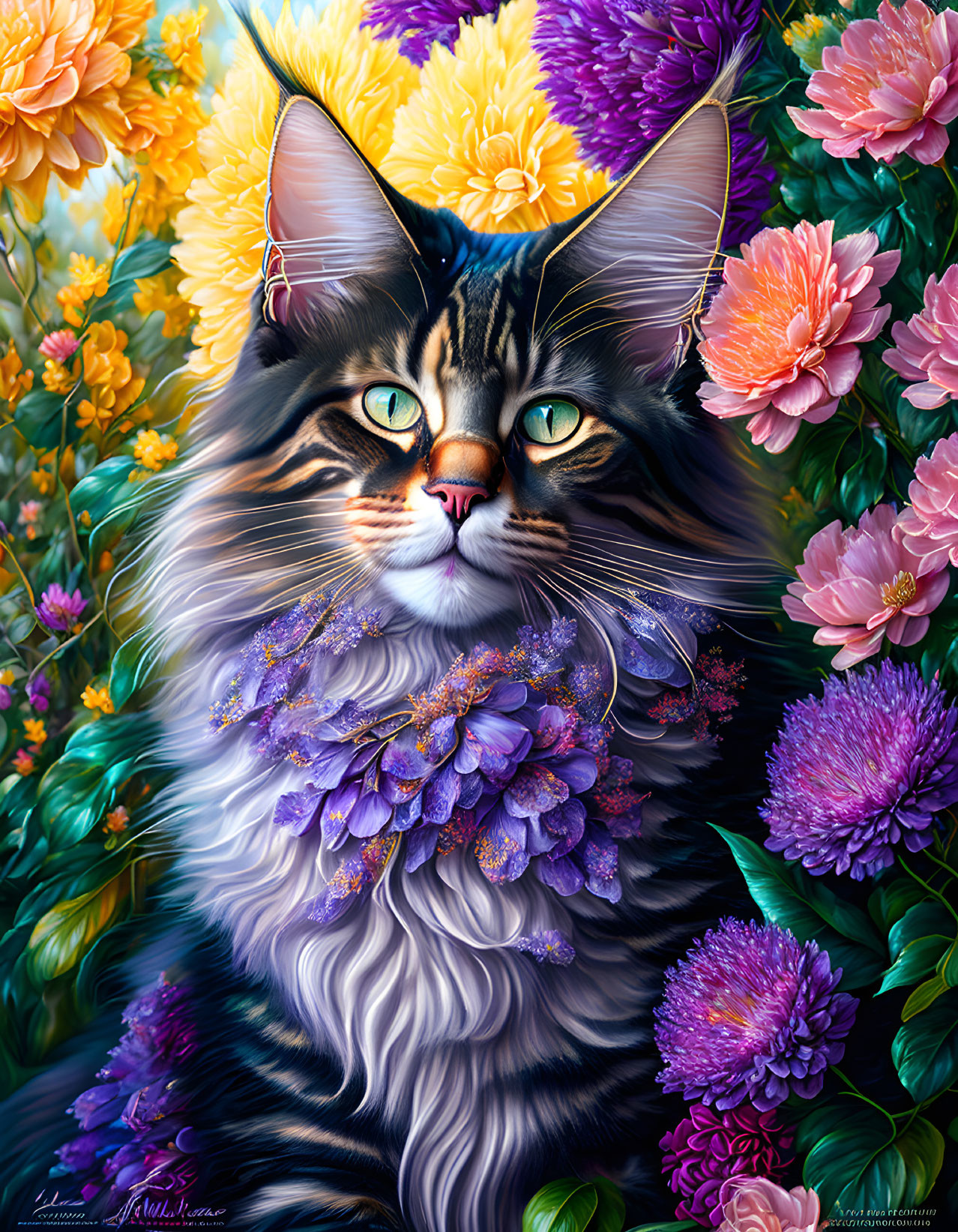 Colorful Illustration of Majestic Cat with Green Eyes and Purple Flower Collar