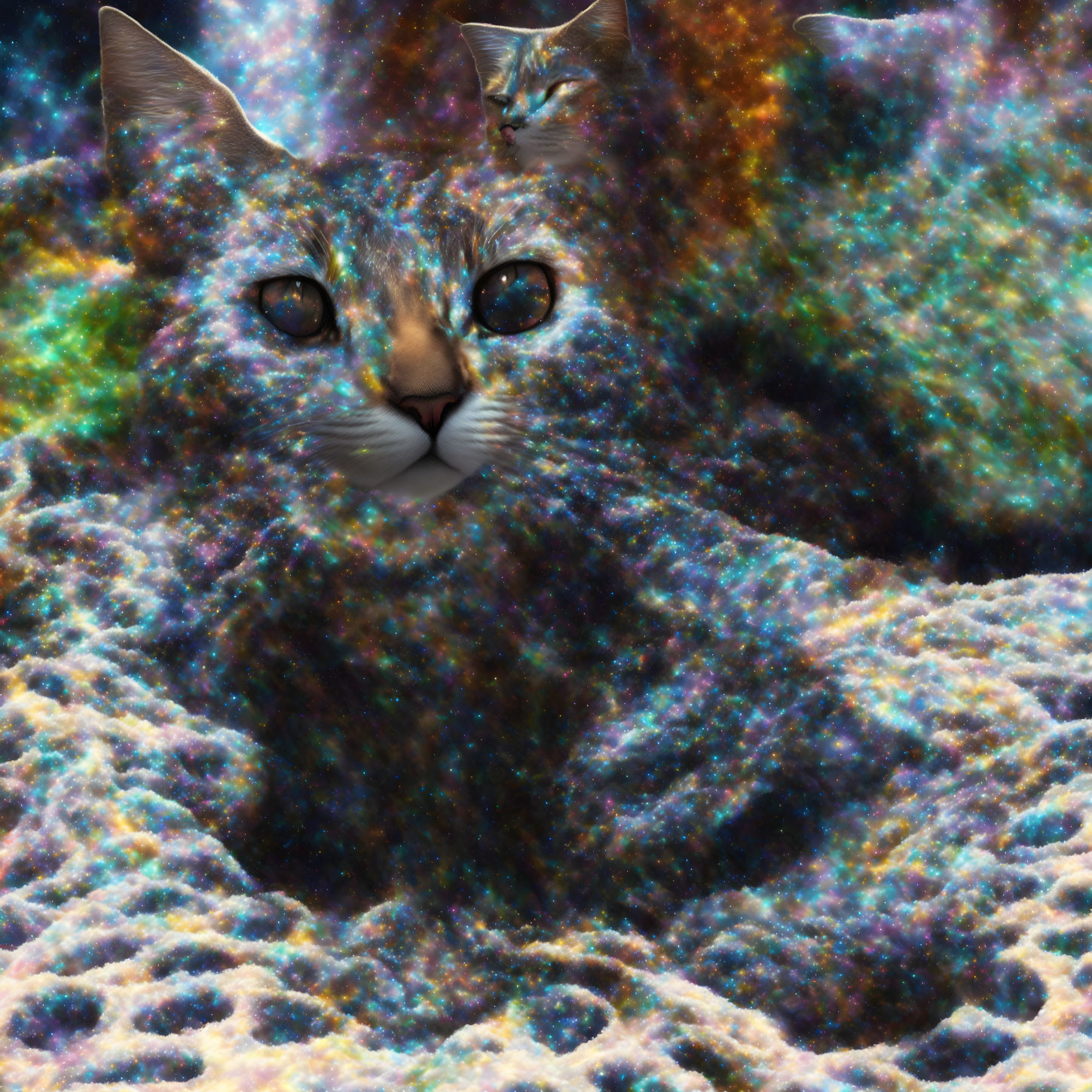 Cat's face merged into cosmic background: surreal art.