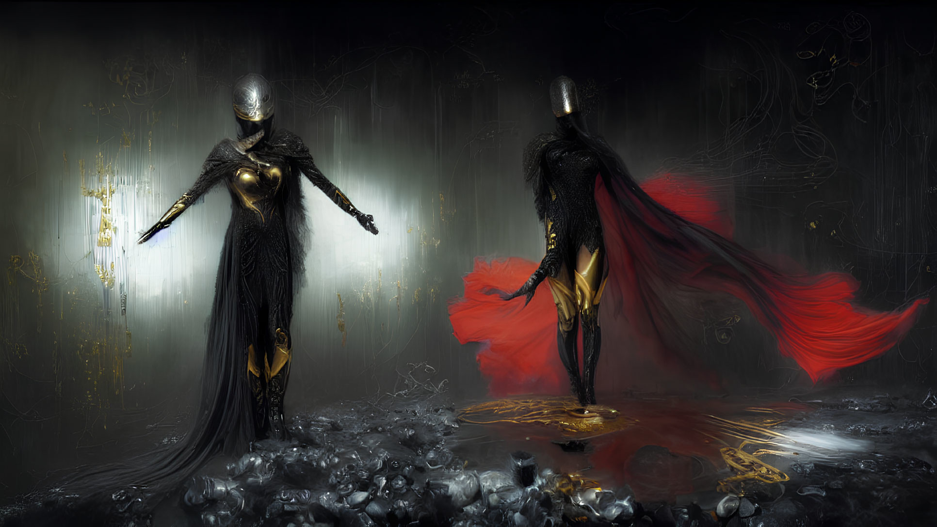 Futuristic warriors in black and gold armor with blue sword and red cape in dark room