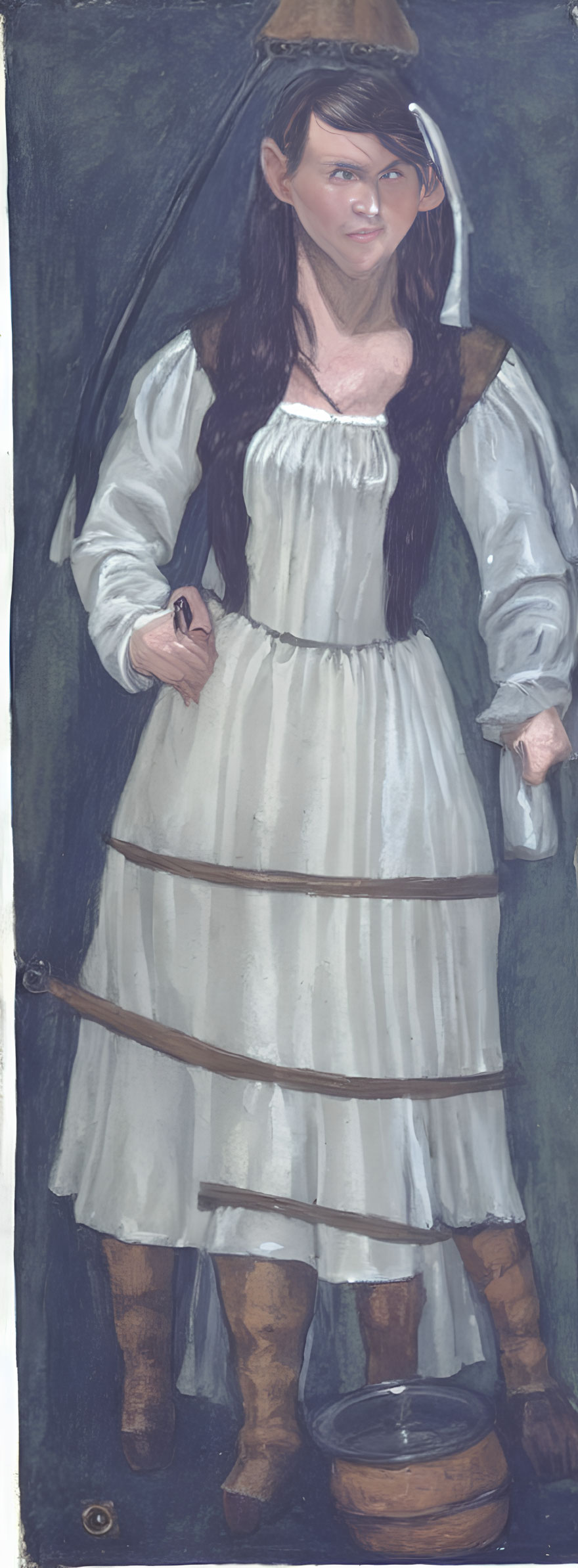 Historical painting of woman in white blouse and brown corset by bucket with yoke