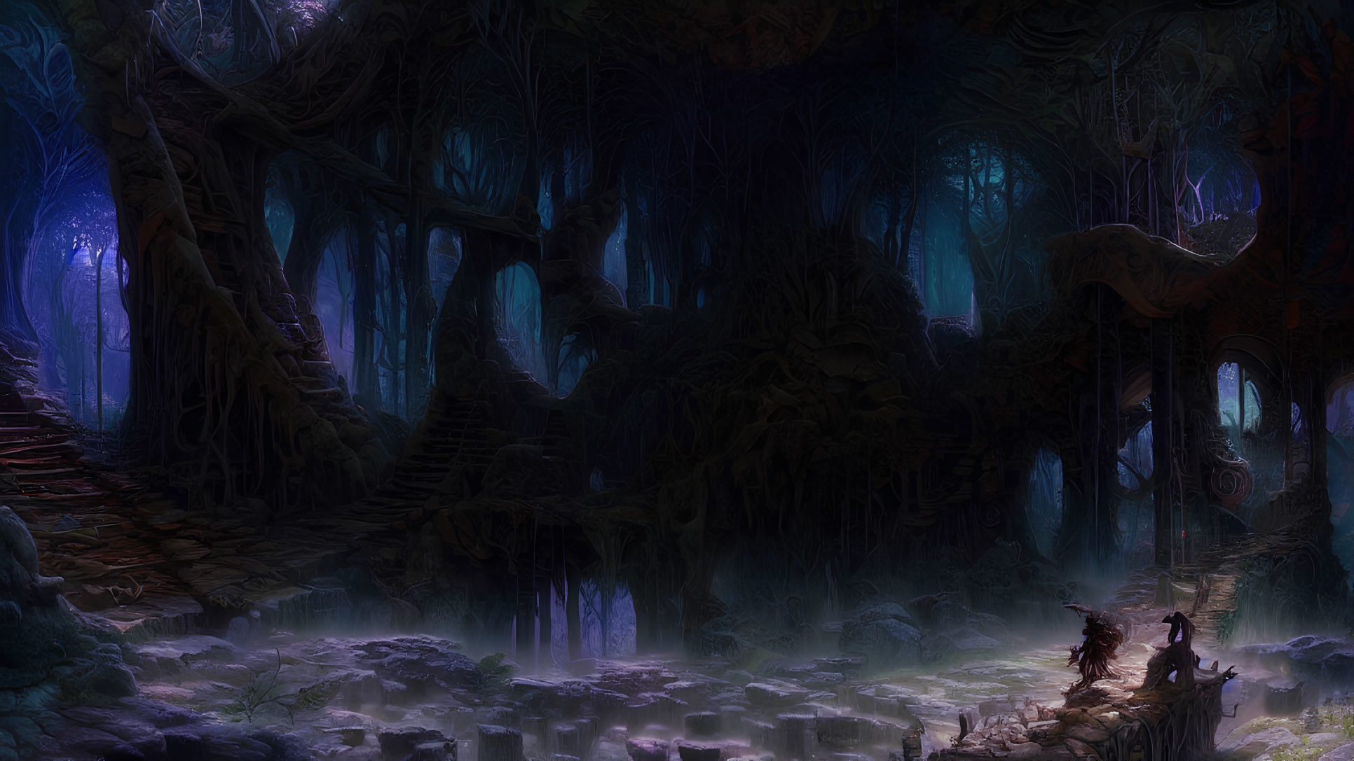 Mystical purple forest with enchanted trees and cloaked figure