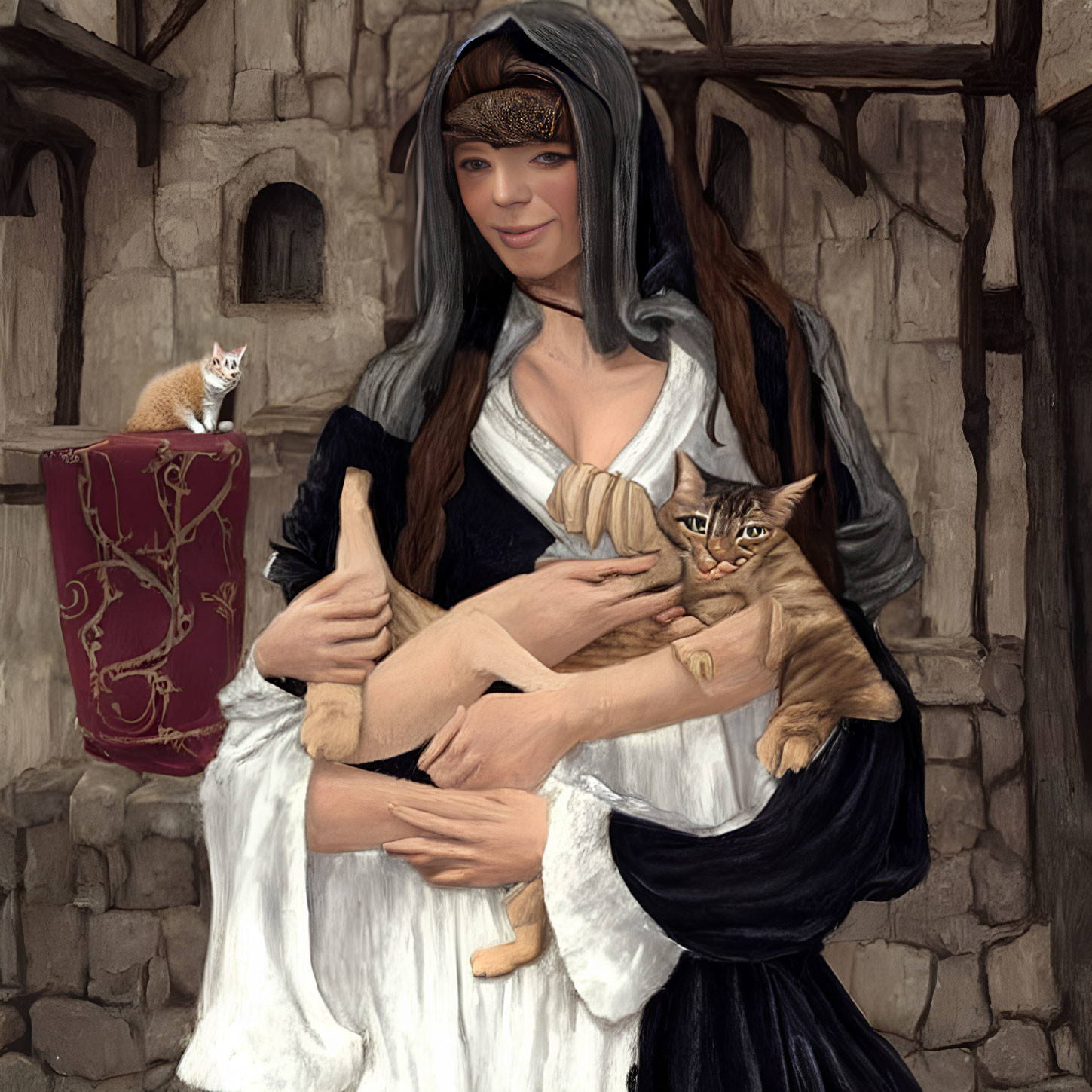 Medieval woman with large cat and small cat on red vase against stone wall