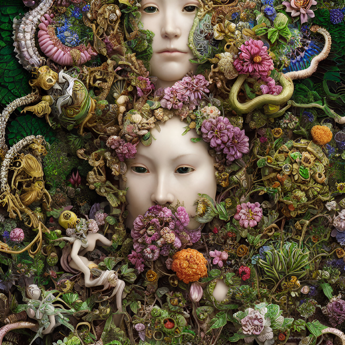 Detailed Digital Artwork: Serene Faces Amid Lush Flora & Fauna