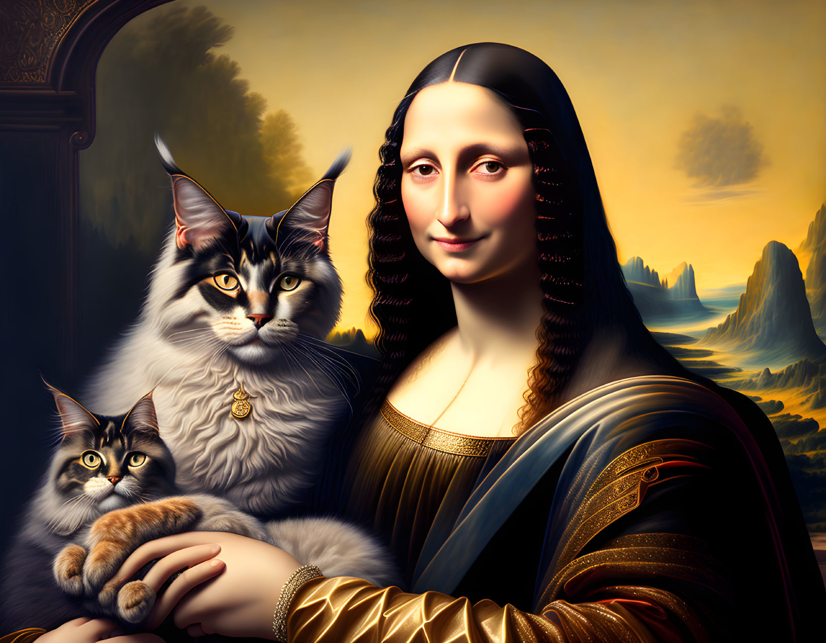 Surreal artwork: Mona Lisa with cats in whimsical landscape