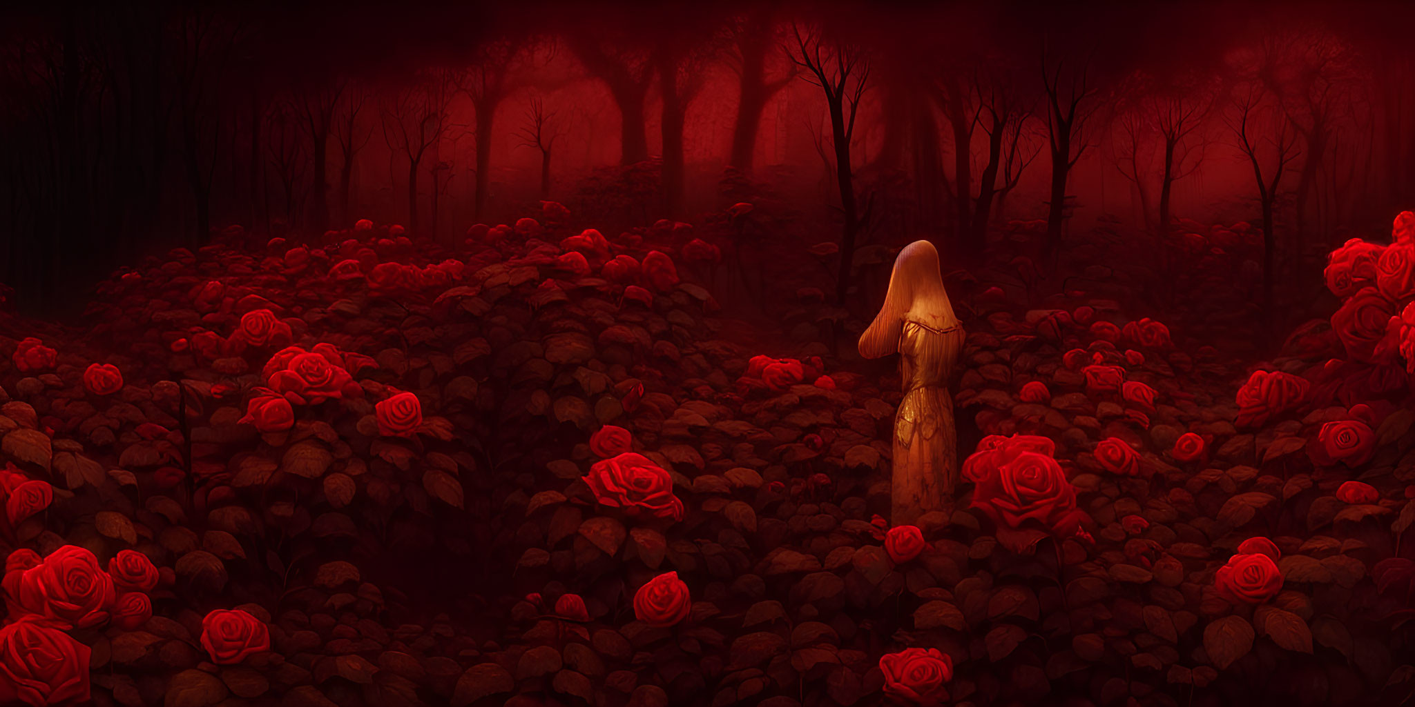 Figure in white cloak surrounded by red roses and dark trees under crimson sky