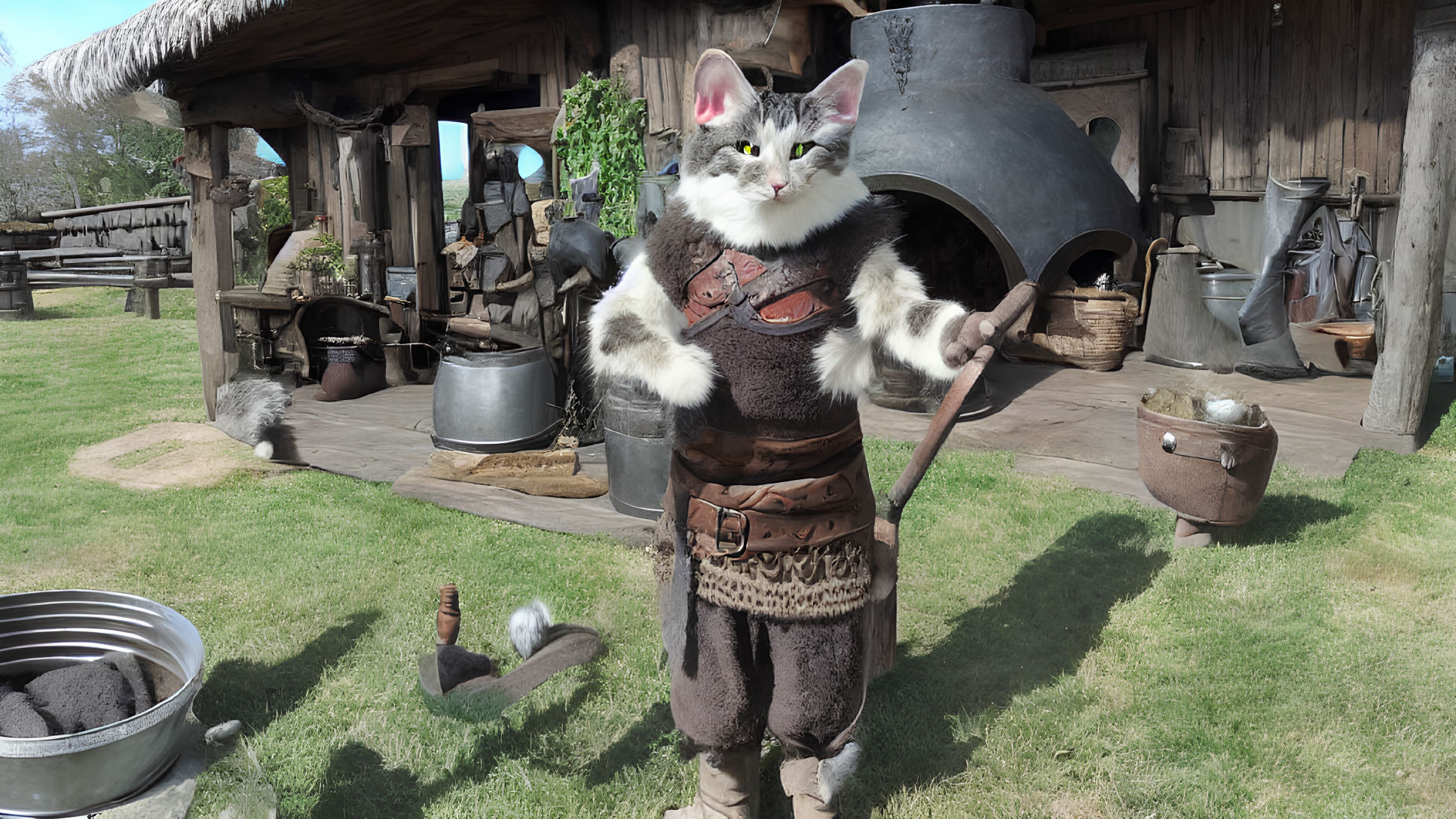 Cat in medieval blacksmith attire with anvil, hammer, and forge.