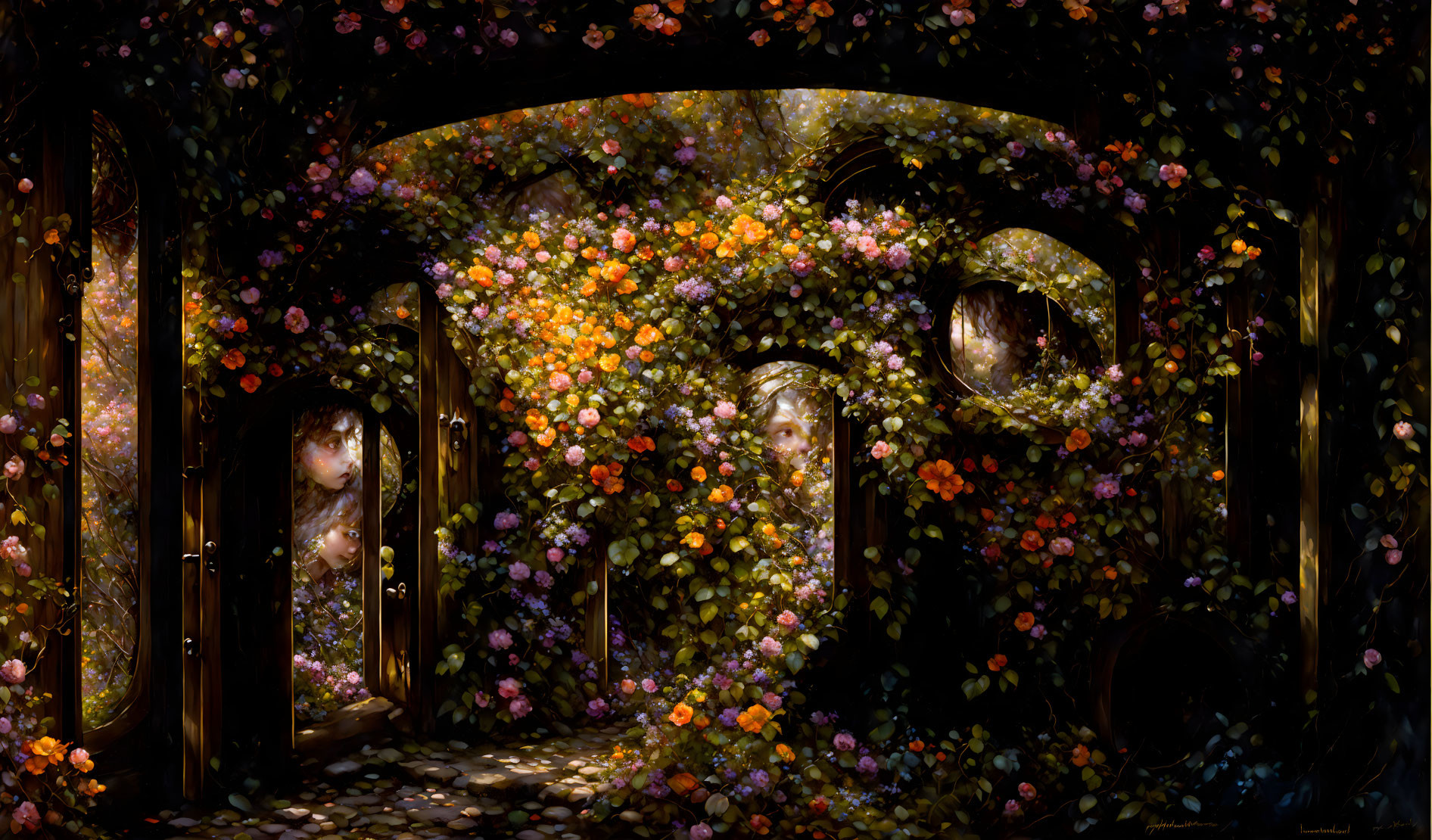 Magical archway with lush greenery and vibrant flowers featuring mysterious faces