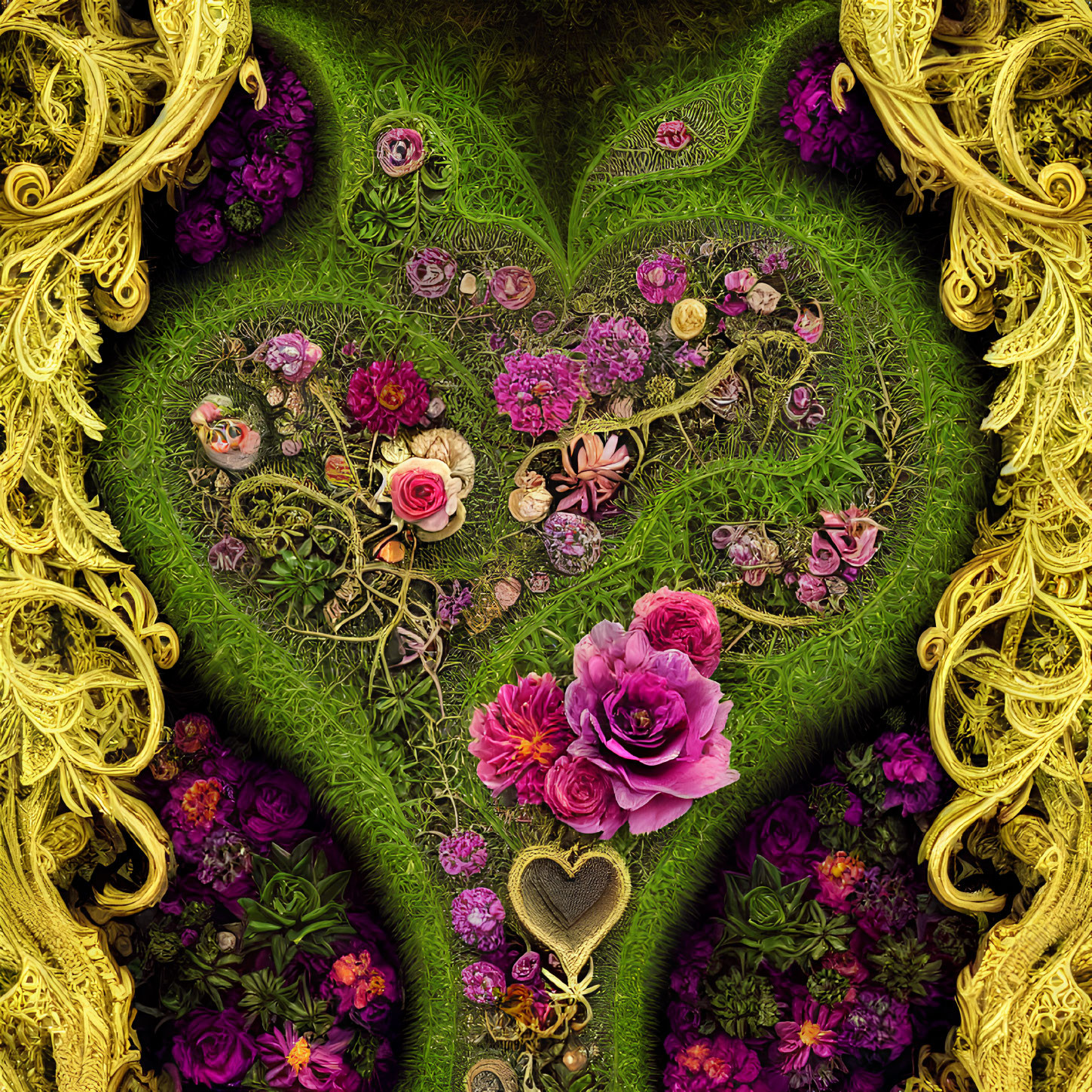 Ornate Floral Heart Artwork with Lush Flowers & Foliage