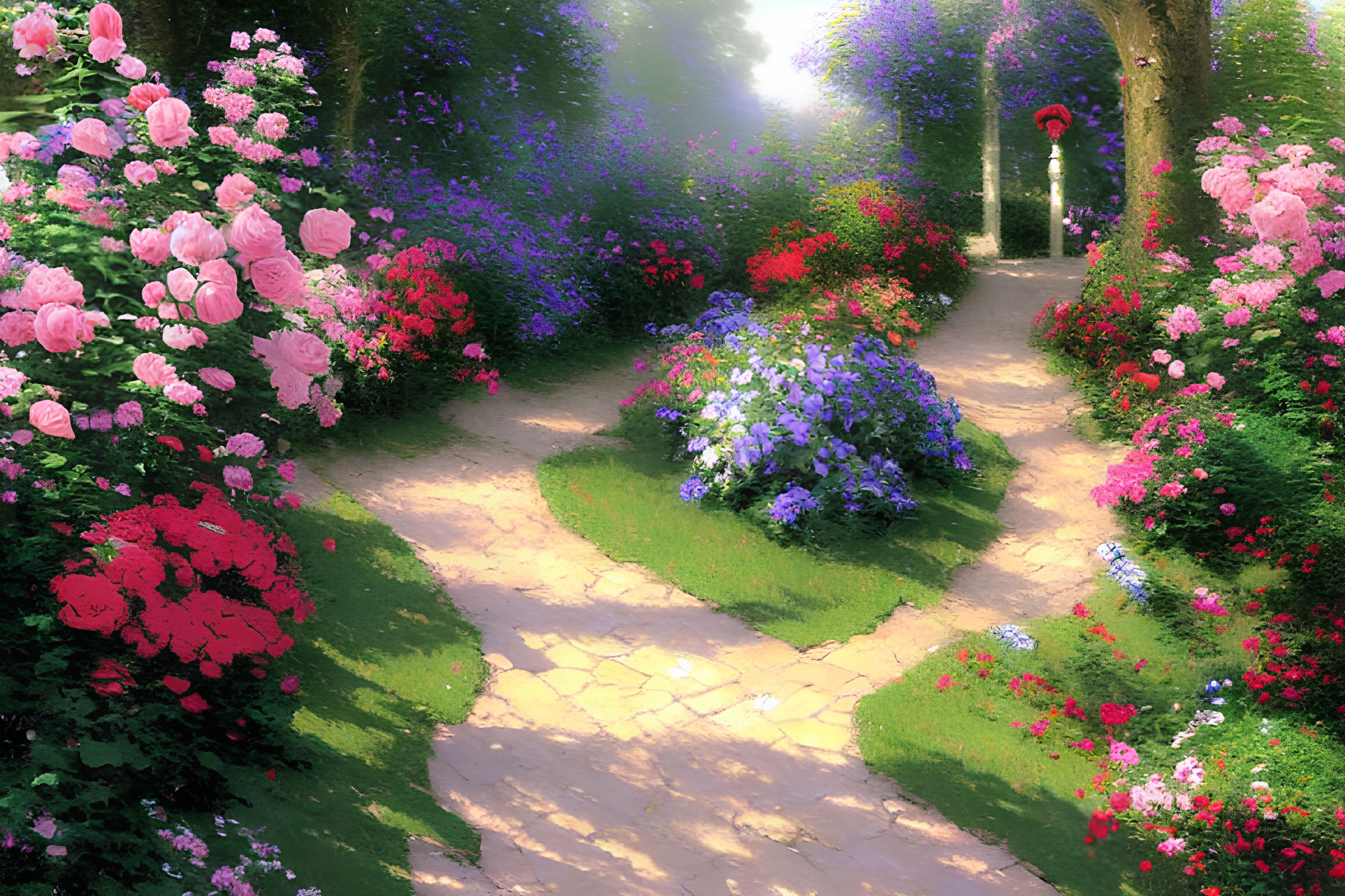 Tranquil garden path with vibrant pink, red, and violet flowers under dappled sunlight