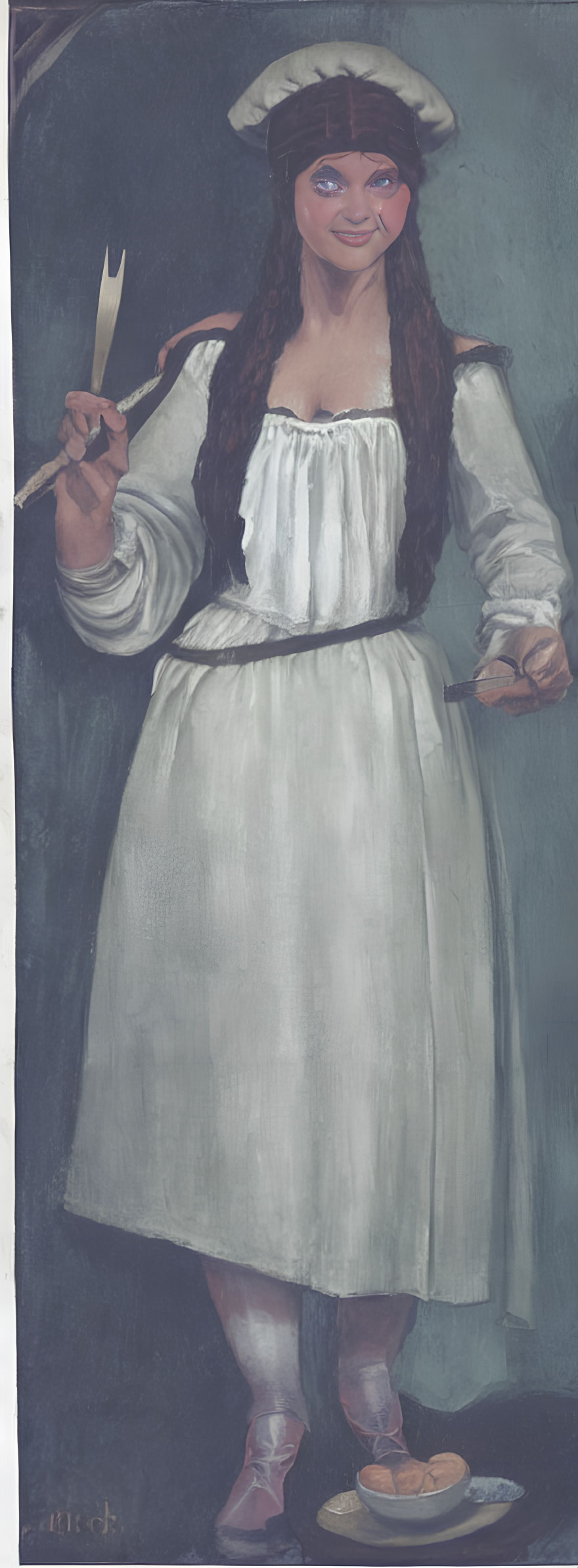 Smiling woman in historical costume with tricorn hat holding fork next to food plate