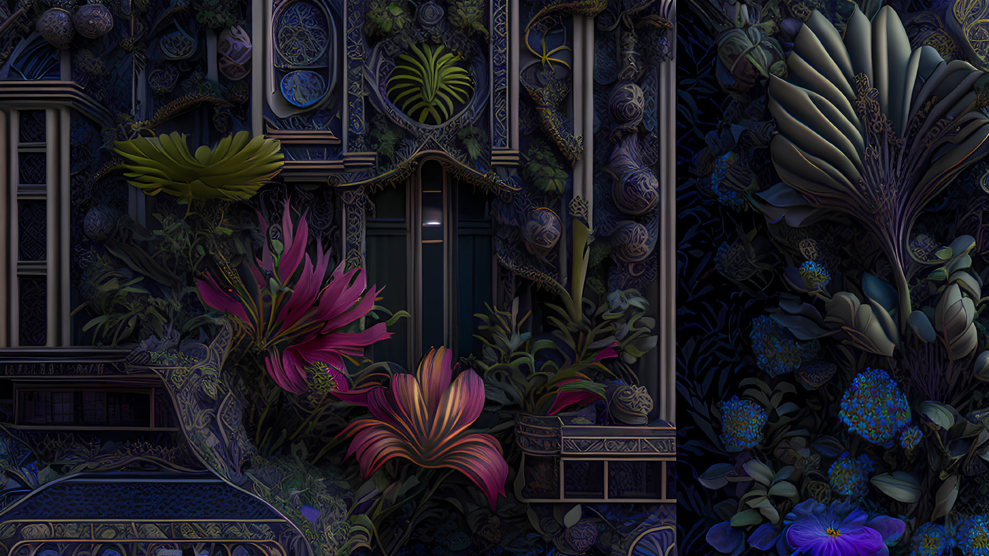 Intricate dark illustration of lush flora and ornate architecture in deep purples and blues