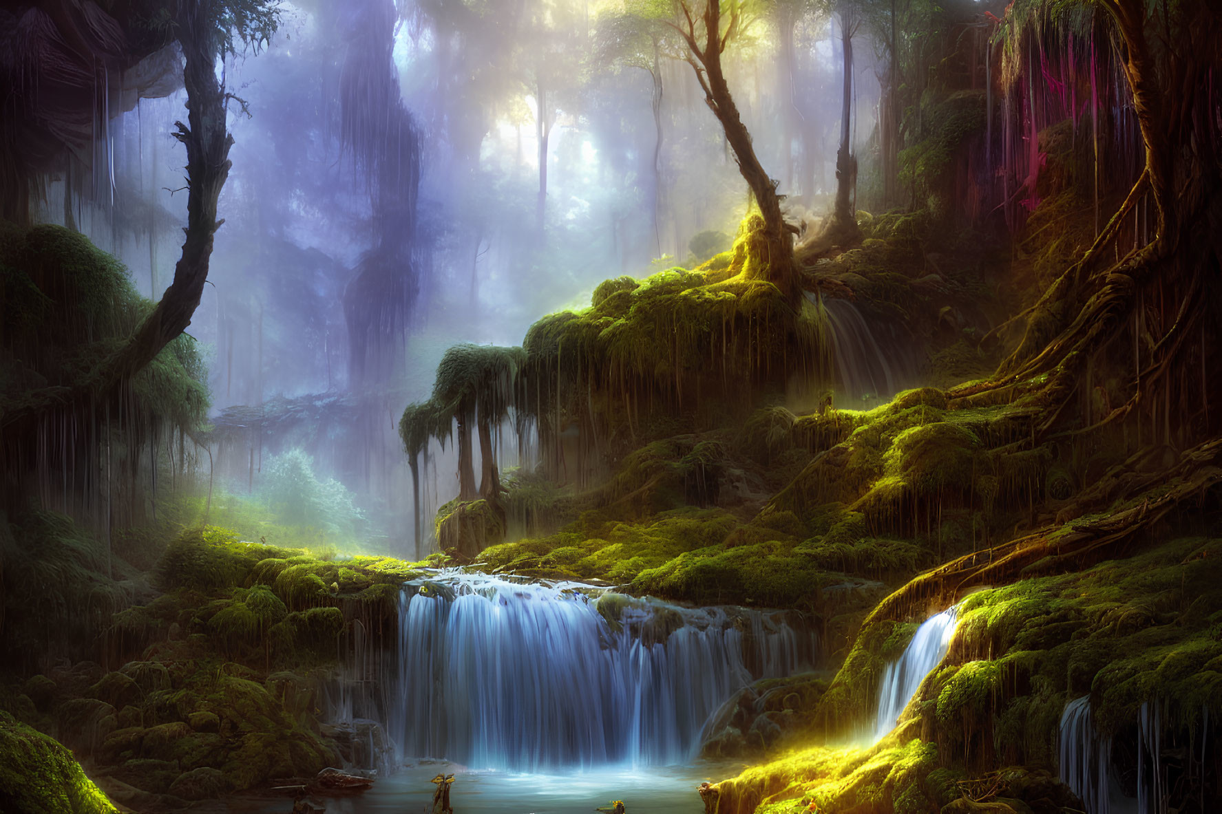 Tranquil forest with vibrant flora, waterfalls, and ethereal light