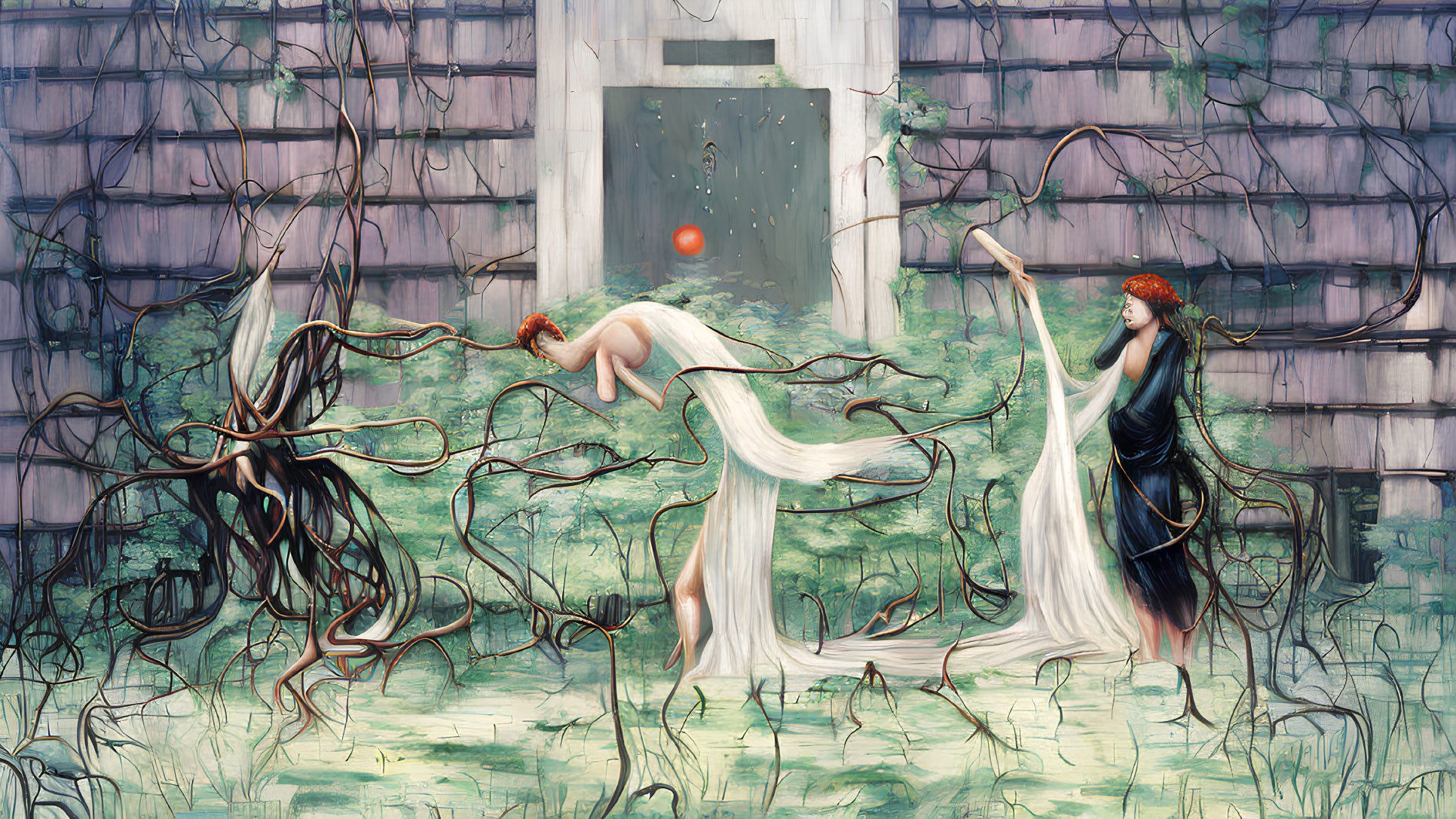 Ethereal figures in white garments entangled by vine-like tendrils amid surreal setting